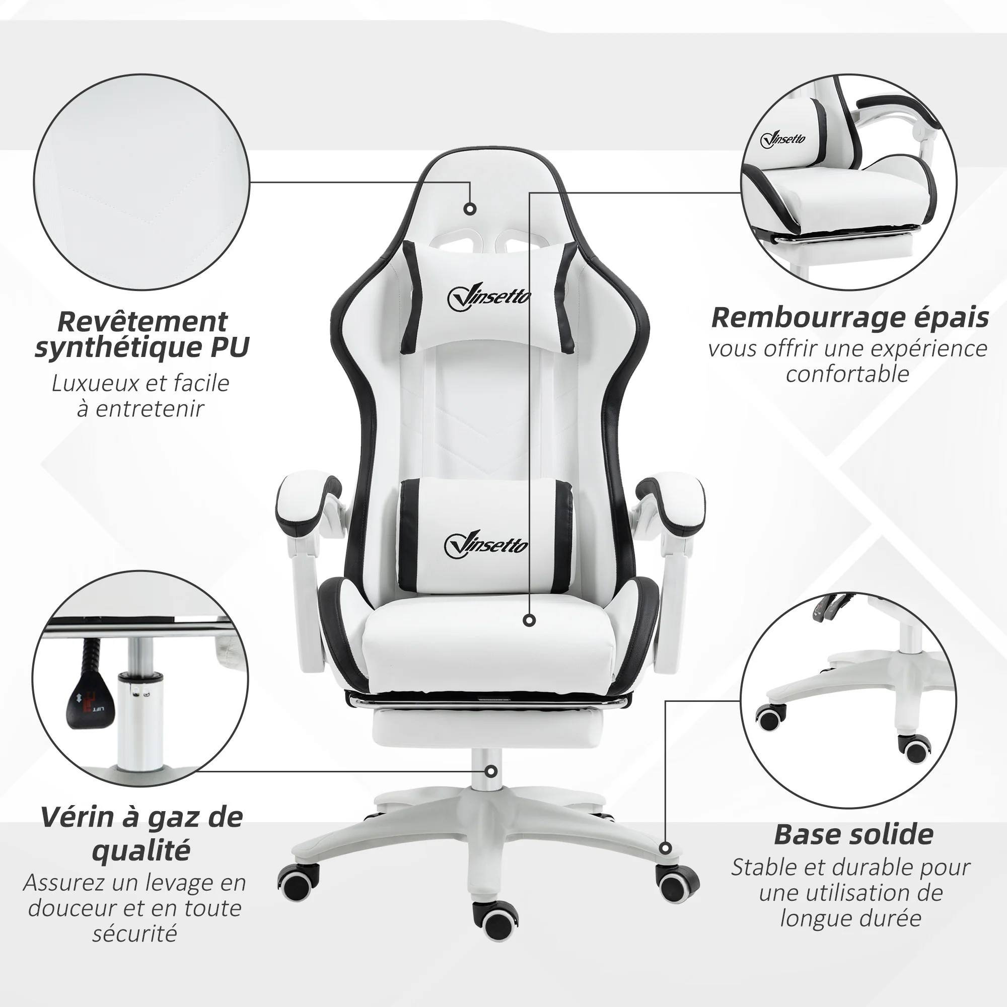 Chaise gaming fauteuil gaming ergonomique repose-pieds télescopique, dossier inclinable à 135°, appui-tête réglable et soutien lombaire, fauteuil de bureau 360° rotatif en similicuir, blanc - Image 8