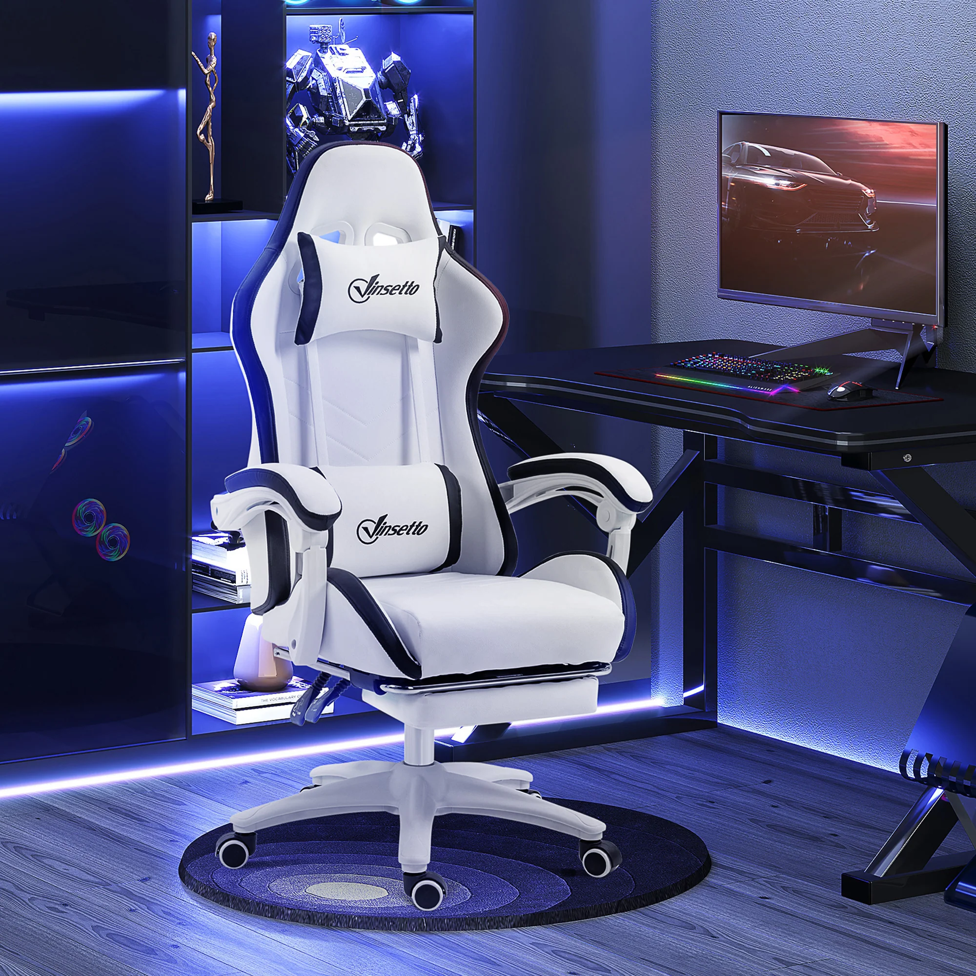 Chaise gaming fauteuil gaming ergonomique repose-pieds télescopique, dossier inclinable à 135°, appui-tête réglable et soutien lombaire, fauteuil de bureau 360° rotatif en similicuir, blanc - Image 9