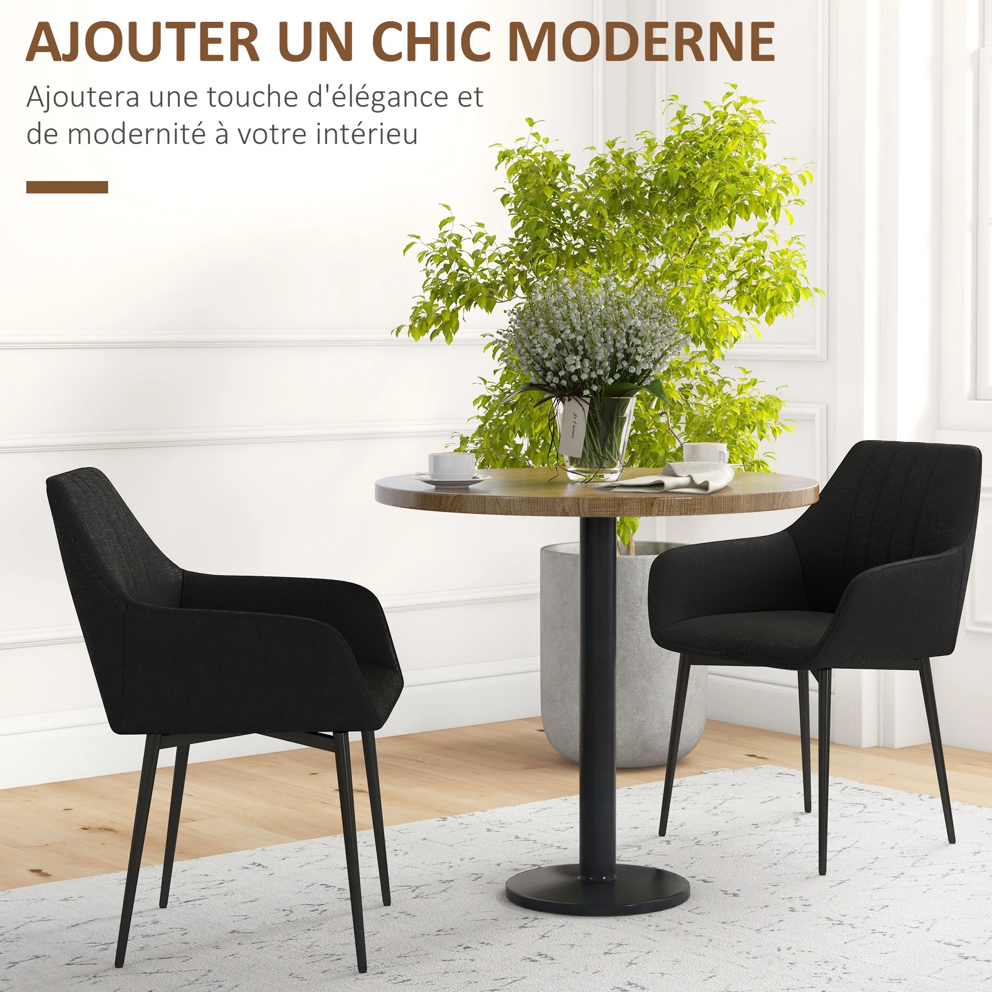 Chaises de Salle à Manger Chaises de Visiteur Design scandinave - Lot de 2 chaises - Pieds effilés métal Noir - Assise Dossier accoudoirs ergonomiques Lin Noir - Image 5