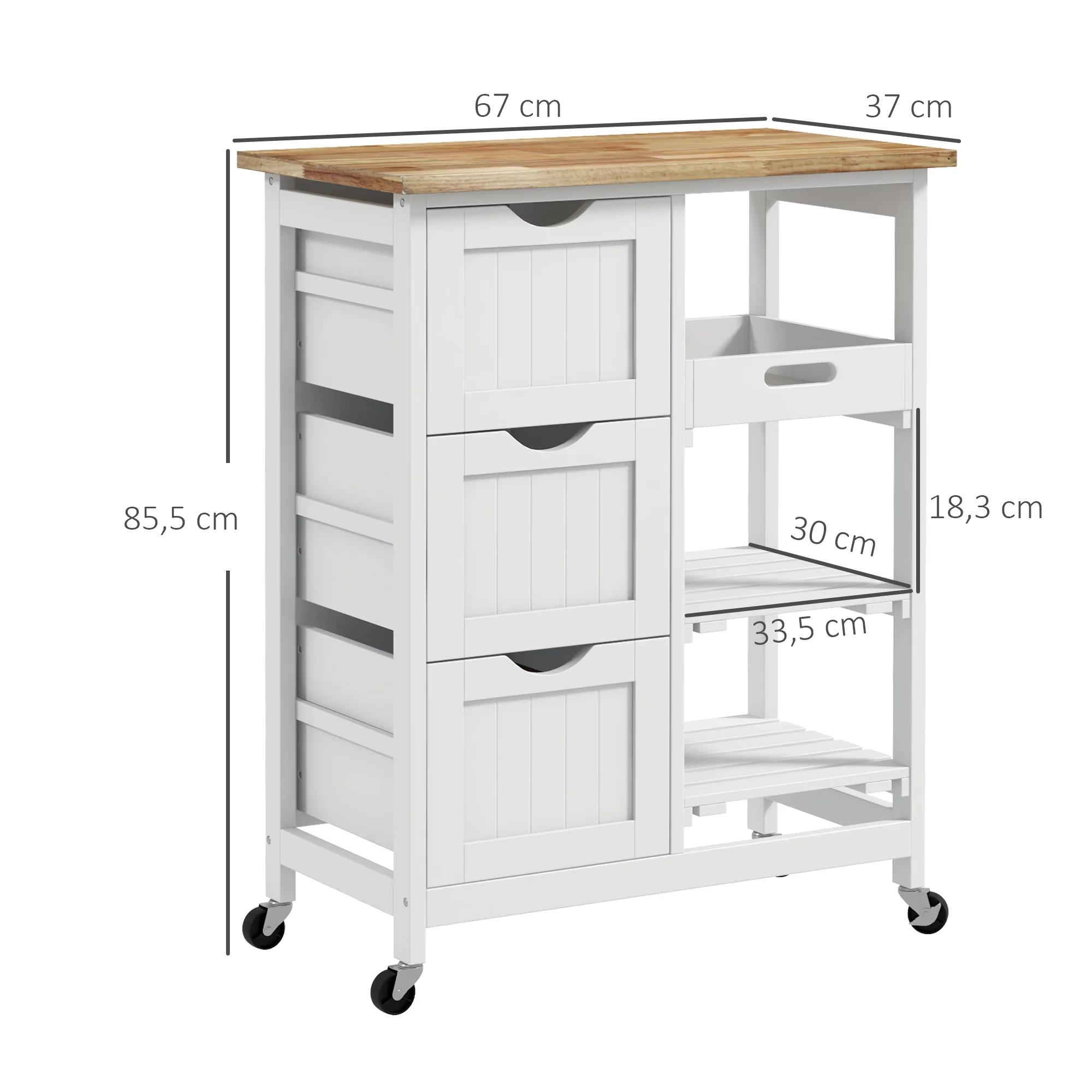 Chariot de service desserte de cuisine à roulettes plan de travail en bois de caoutchouc 3 tiroirs + 1 plateau amovible 67 x 37 x 85,5 cm blanc - Image 4