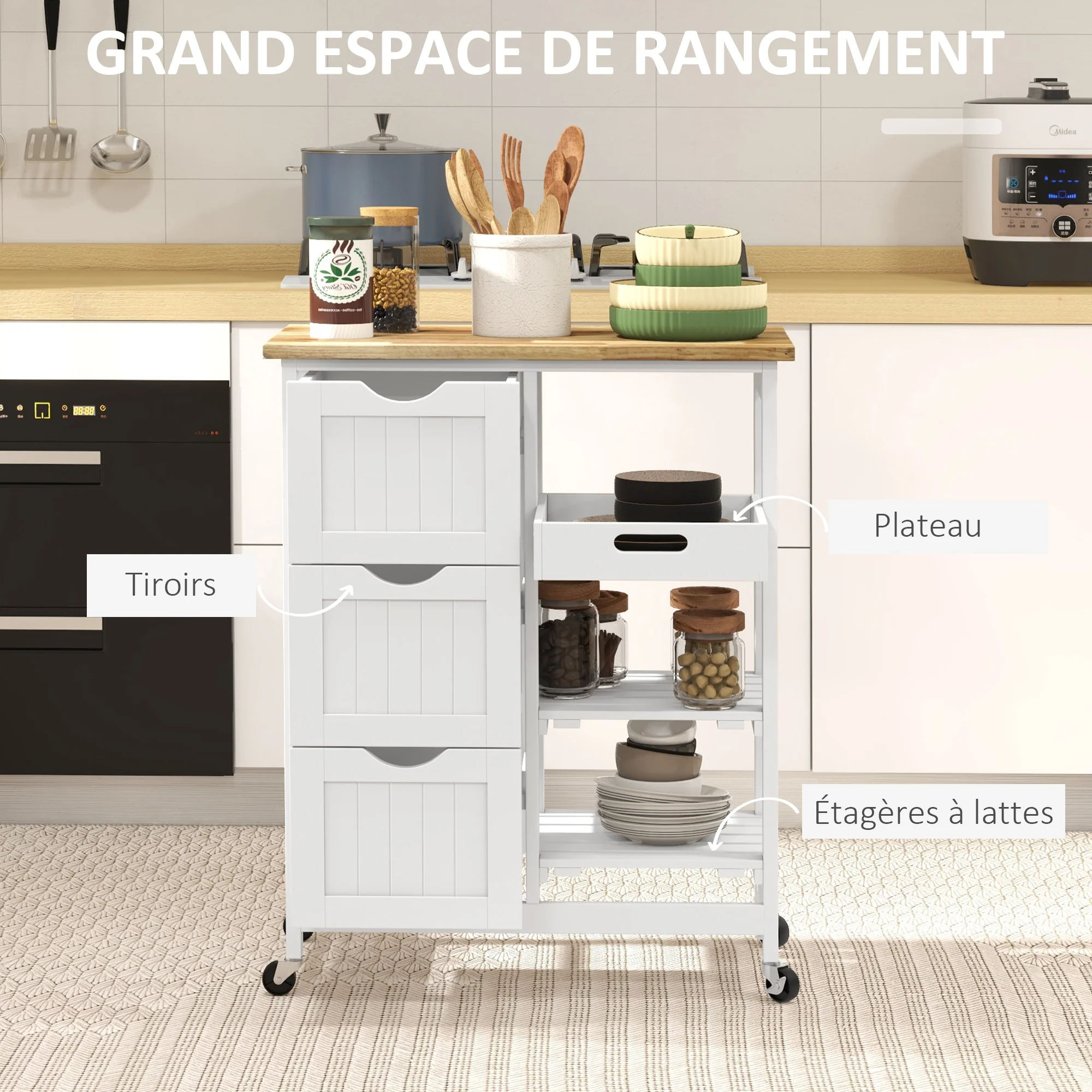 Chariot de service desserte de cuisine à roulettes plan de travail en bois de caoutchouc 3 tiroirs + 1 plateau amovible 67 x 37 x 85,5 cm blanc - Image 5
