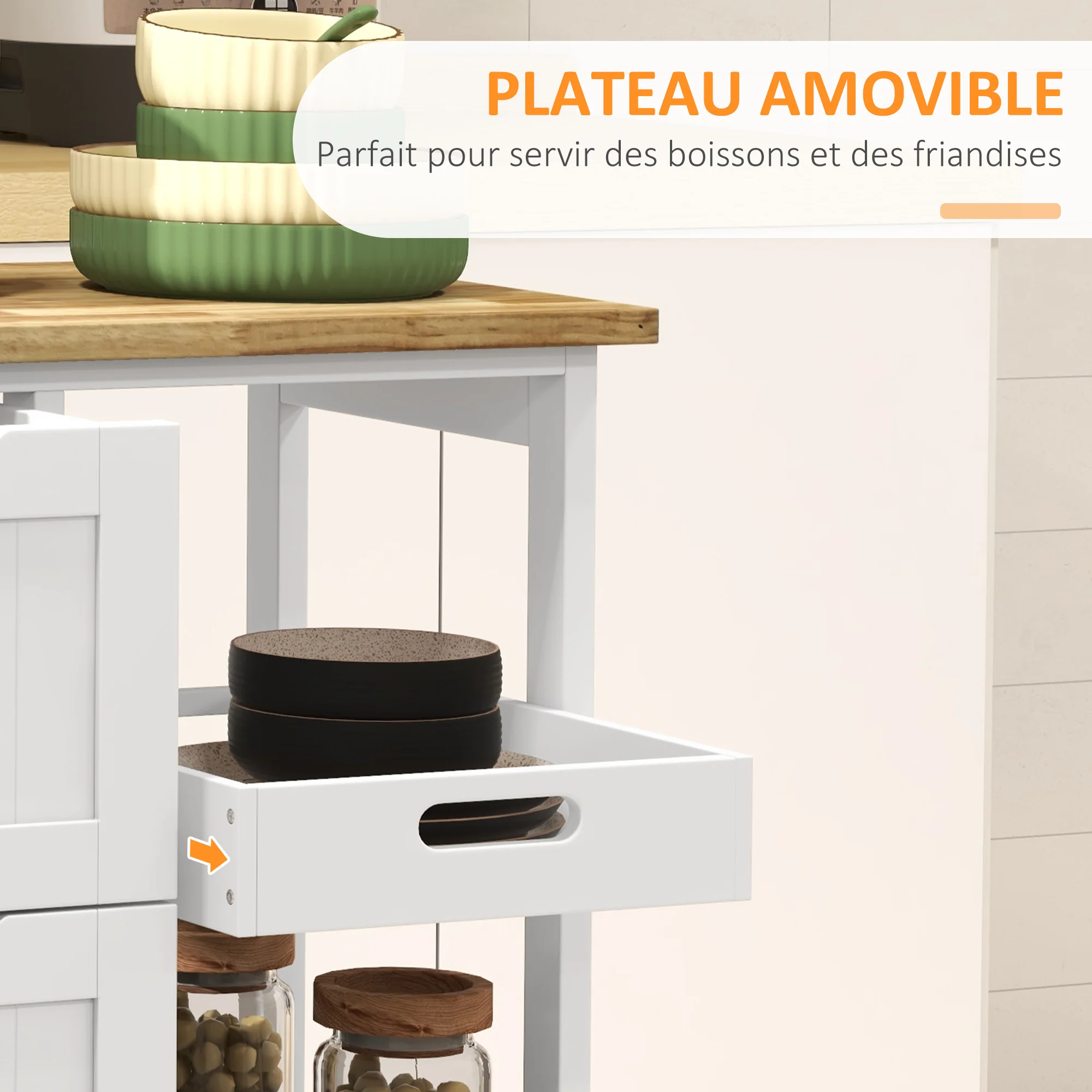 Chariot de service desserte de cuisine à roulettes plan de travail en bois de caoutchouc 3 tiroirs + 1 plateau amovible 67 x 37 x 85,5 cm blanc - Image 6