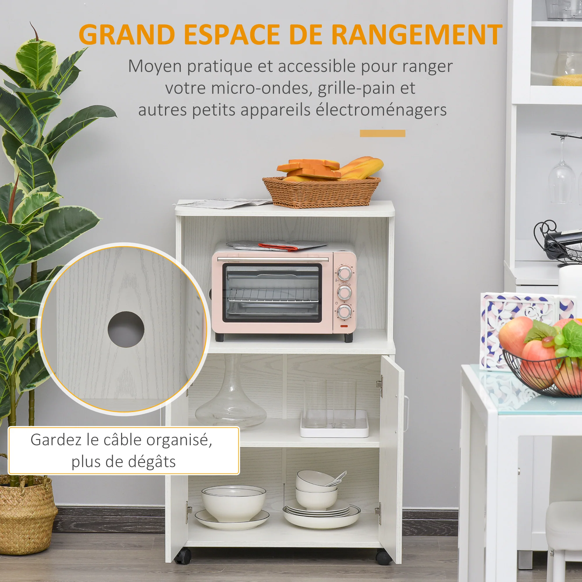 Chariot desserte micro-ondes placard 2 portes - dim. 60,4L x 40,3l x 97H cm - blanc - Image 5