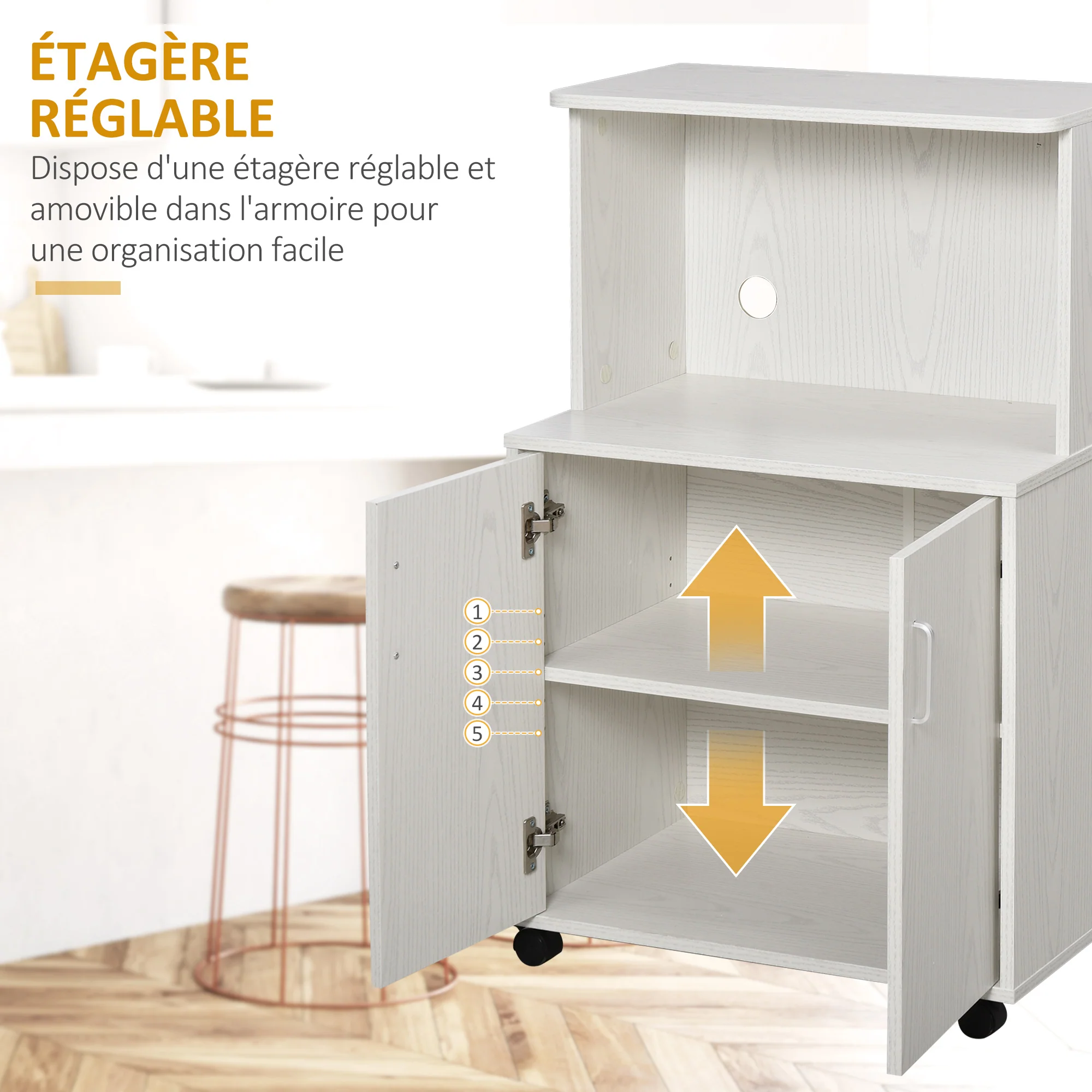 Chariot desserte micro-ondes placard 2 portes - dim. 60,4L x 40,3l x 97H cm - blanc - Image 6