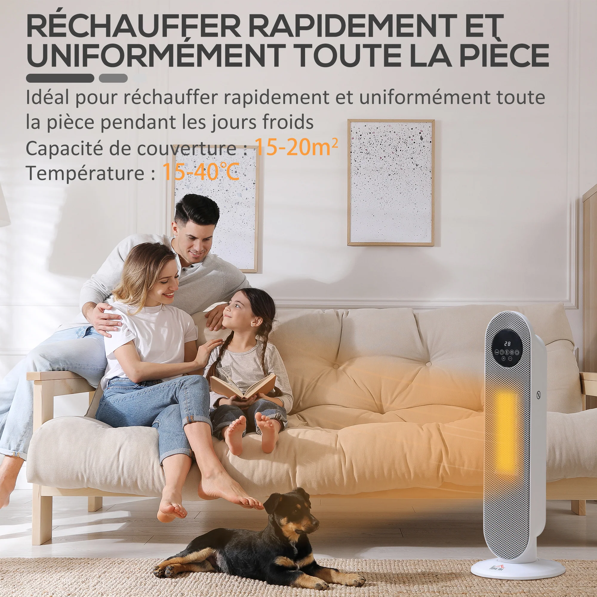 Chauffage d'appoint Radiateur soufflant Radiateur céramique oscillant 15-40°C avec Télécommande 1300/2000W, 21 x 21 x 63,5 cm - Image 5