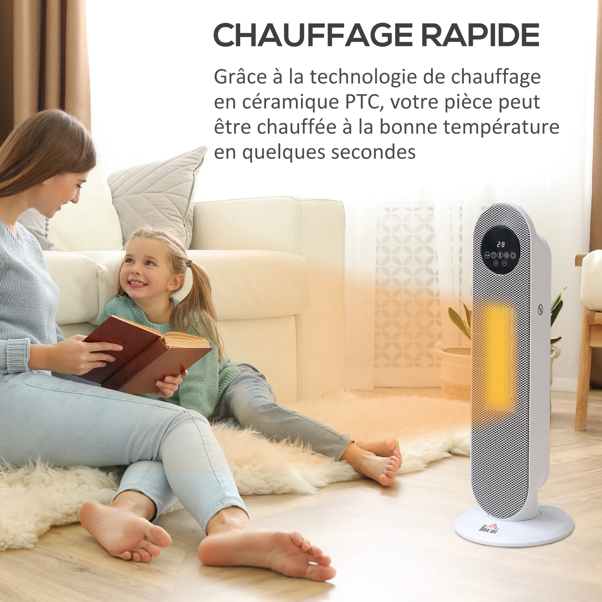 Chauffage d'appoint Radiateur soufflant Radiateur céramique oscillant 15-40°C avec Télécommande 1300/2000W, 21 x 21 x 63,5 cm - Image 6