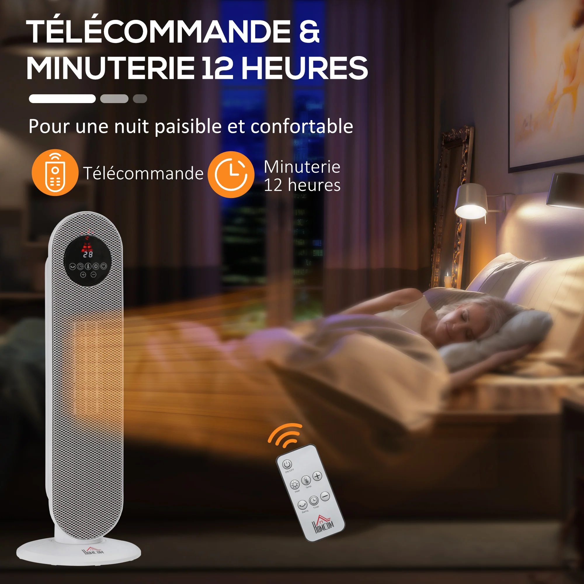 Chauffage d'appoint Radiateur soufflant Radiateur céramique oscillant 15-40°C avec Télécommande 1300/2000W, 21 x 21 x 63,5 cm - Image 9