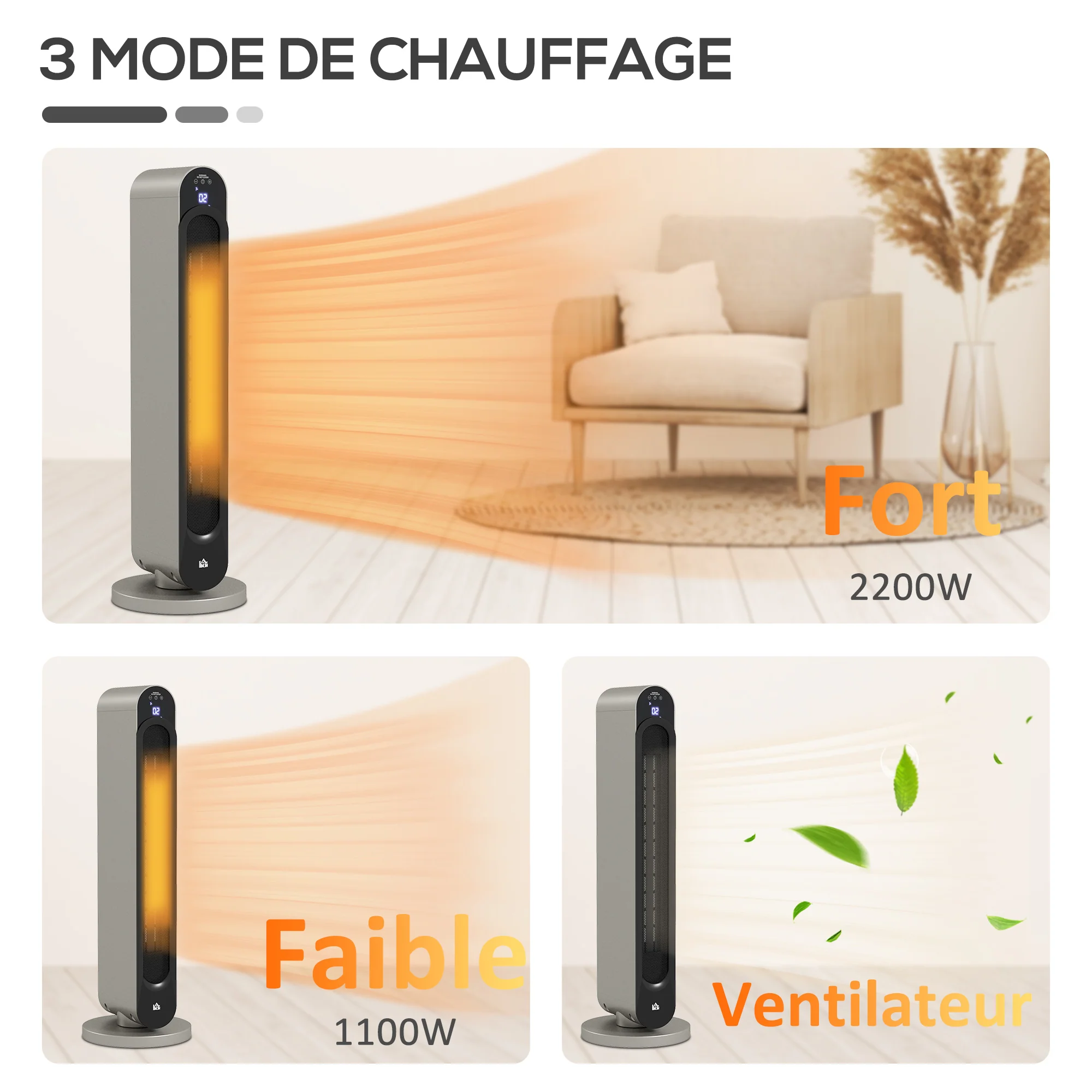 Chauffage soufflant oscillant 1100/2200 W - mini radiateur céramique PTC - télécommande incluse - chauffage d'appoint noir - Image 10