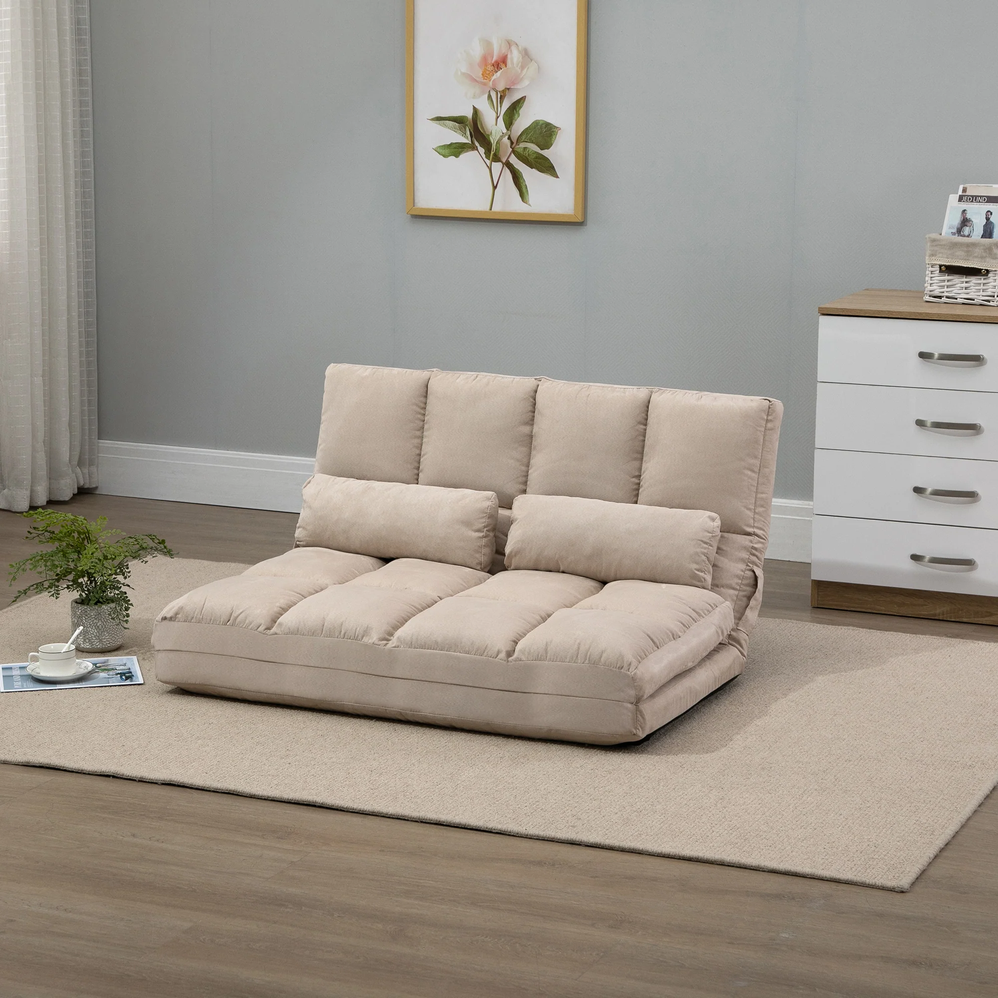 Chauffeuse matelas d'appoint pliant fauteuil convertible inclinaison dossier réglable 2 coussins inclus en polyester aspect suédé, pour salon, chambre et bureau, beige - Image 3