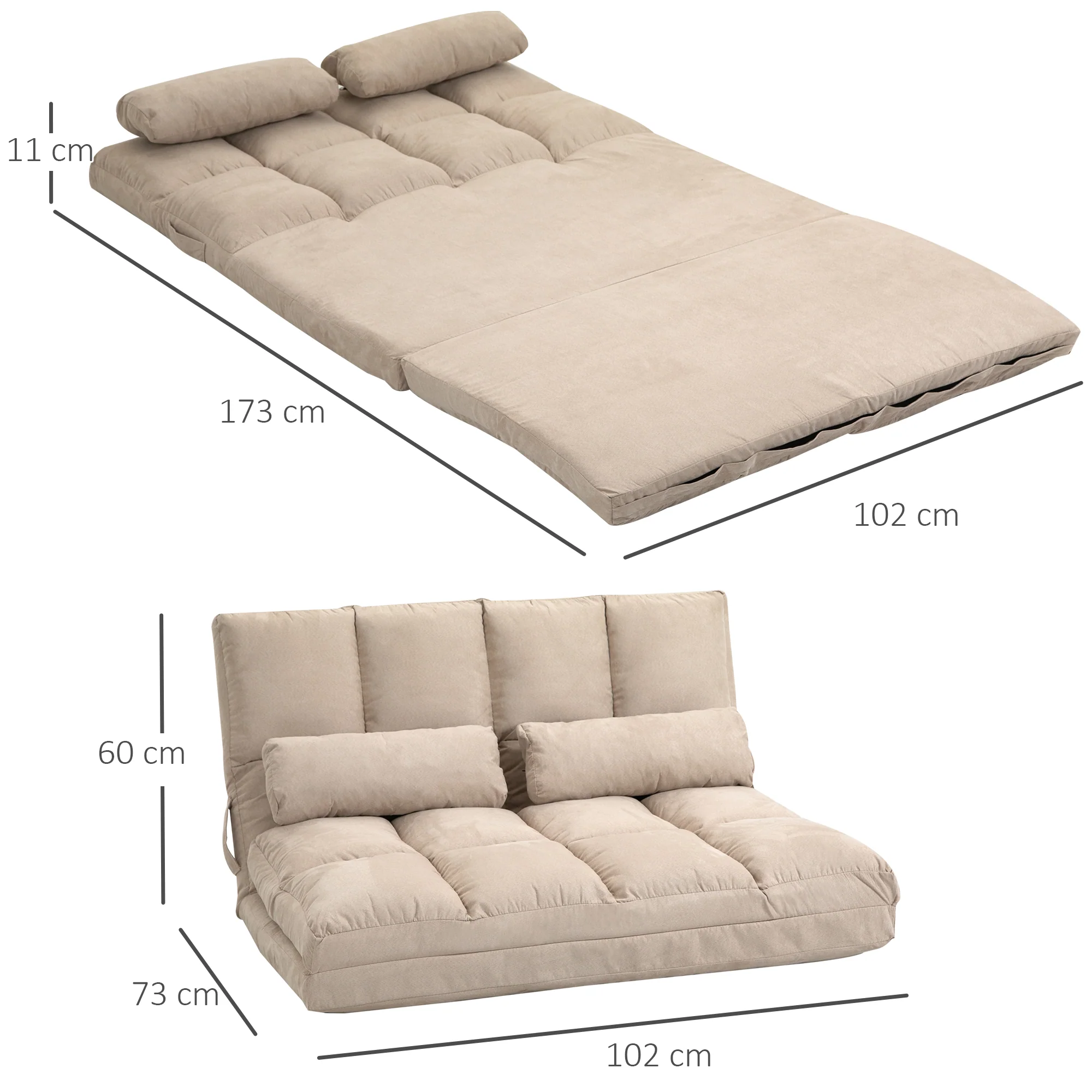 Chauffeuse matelas d'appoint pliant fauteuil convertible inclinaison dossier réglable 2 coussins inclus en polyester aspect suédé, pour salon, chambre et bureau, beige - Image 4