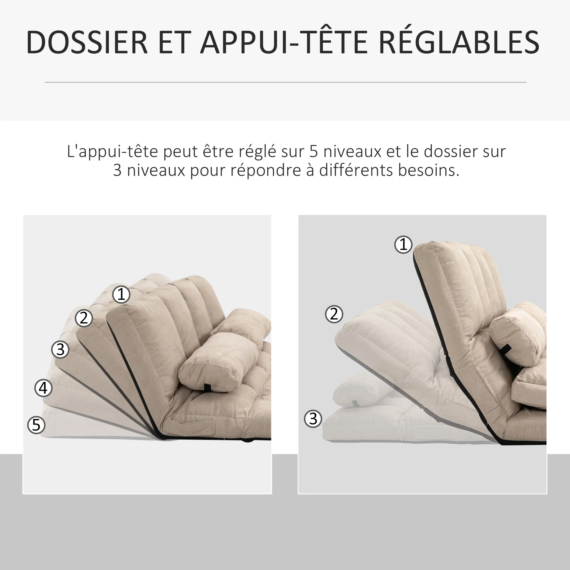 Chauffeuse matelas d'appoint pliant fauteuil convertible inclinaison dossier réglable 2 coussins inclus en polyester aspect suédé, pour salon, chambre et bureau, beige - Image 5