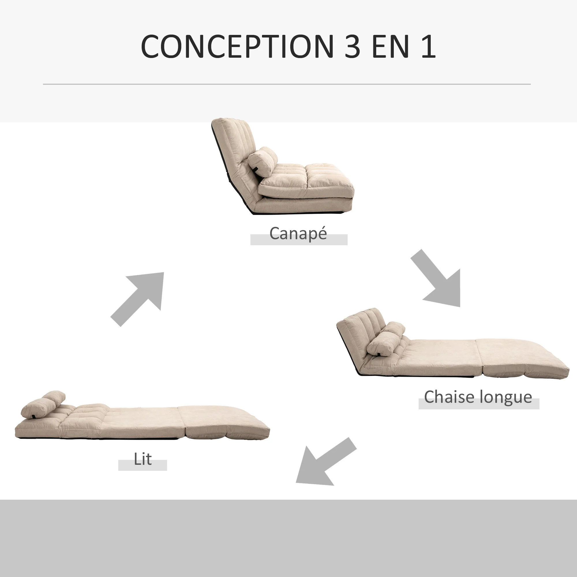 Chauffeuse matelas d'appoint pliant fauteuil convertible inclinaison dossier réglable 2 coussins inclus en polyester aspect suédé, pour salon, chambre et bureau, beige - Image 6