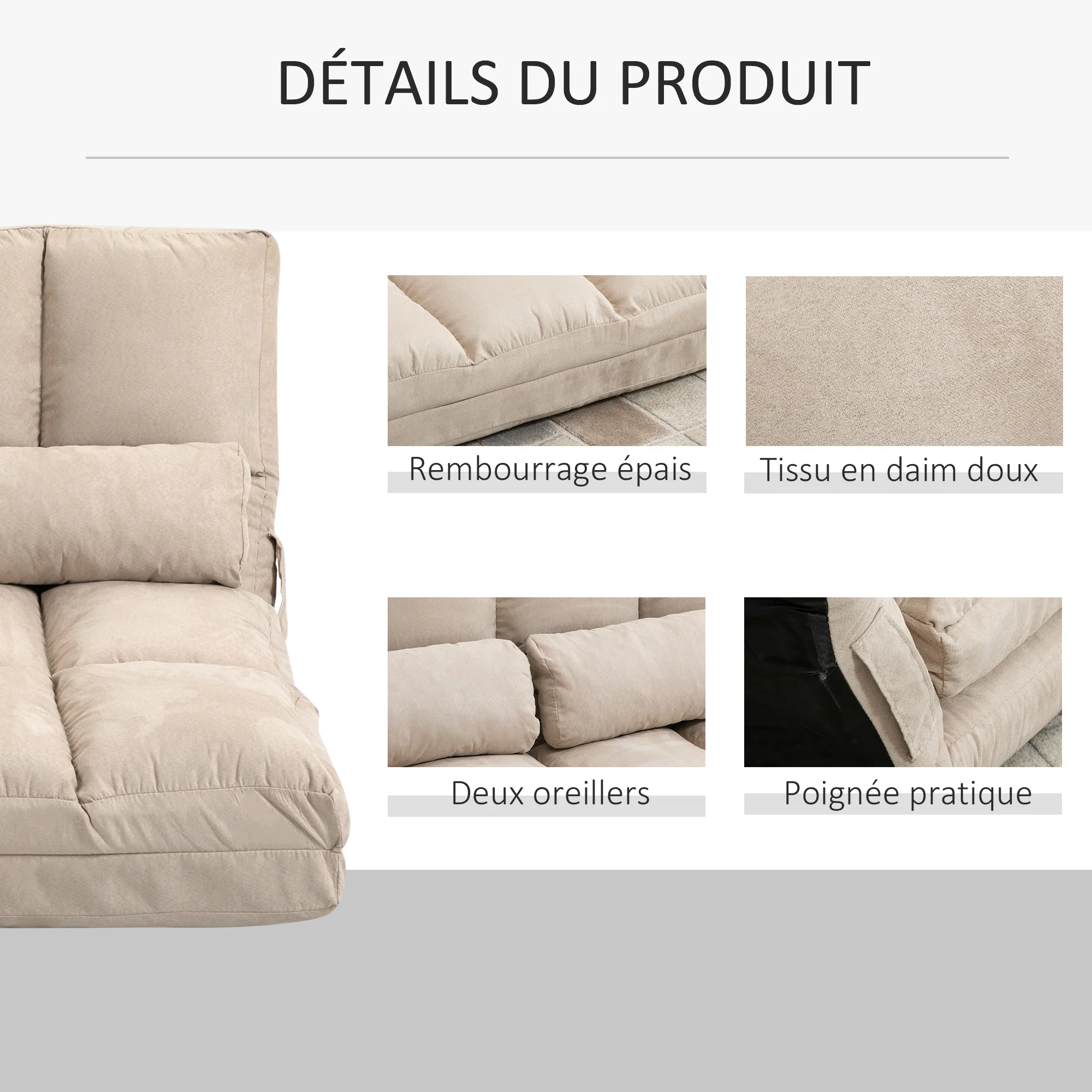 Chauffeuse matelas d'appoint pliant fauteuil convertible inclinaison dossier réglable 2 coussins inclus en polyester aspect suédé, pour salon, chambre et bureau, beige - Image 7