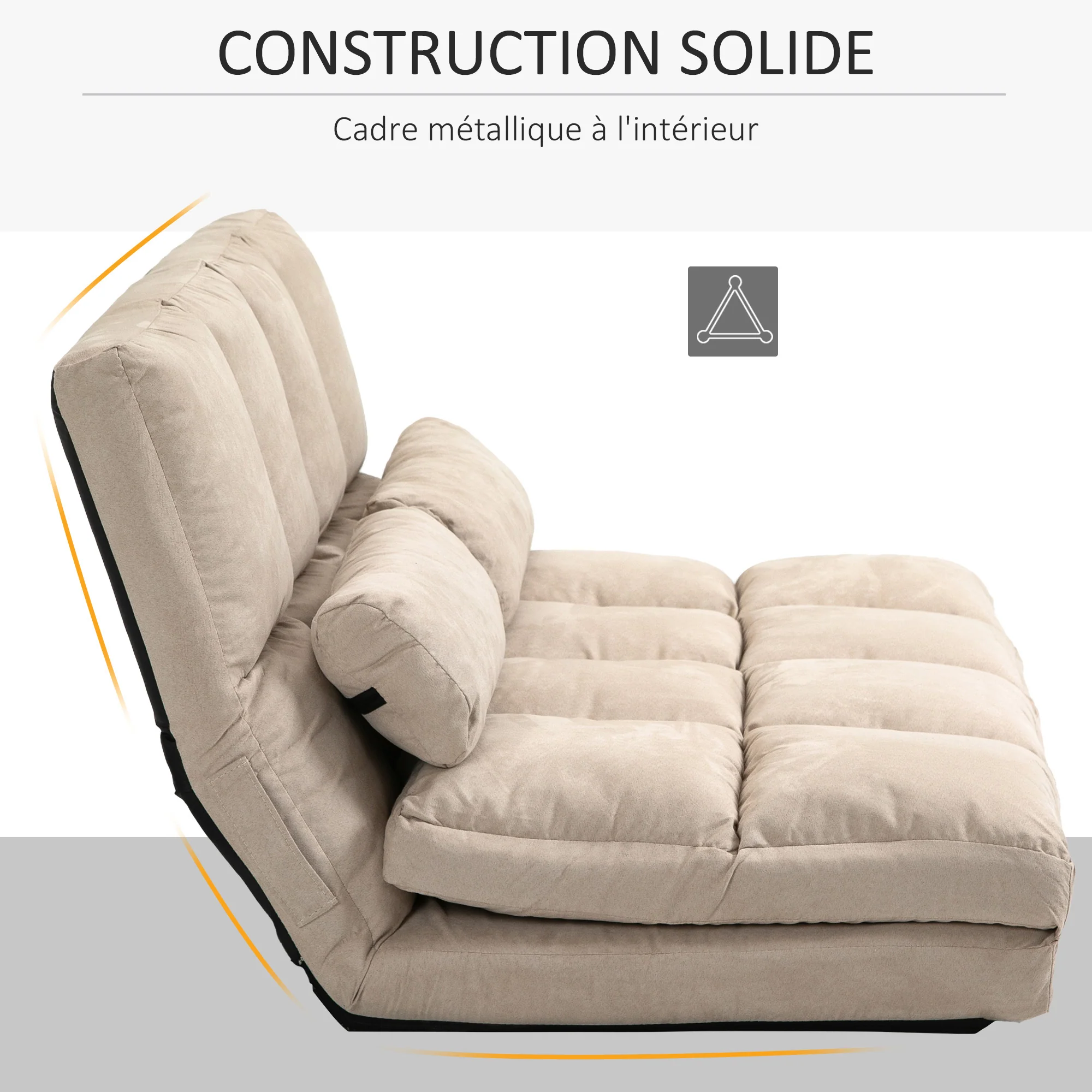 Chauffeuse matelas d'appoint pliant fauteuil convertible inclinaison dossier réglable 2 coussins inclus en polyester aspect suédé, pour salon, chambre et bureau, beige - Image 8