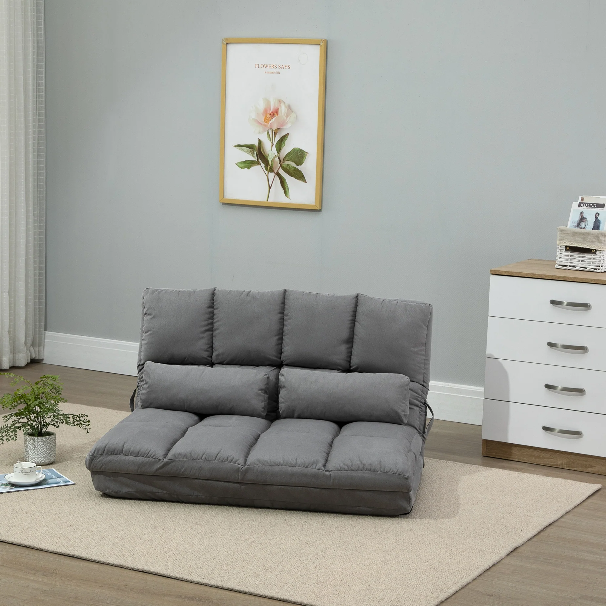 Chauffeuse matelas d'appoint pliant fauteuil convertible inclinaison dossier réglable 2 coussins inclus en polyester aspect suédé, pour salon, chambre et bureau, gris - Image 3