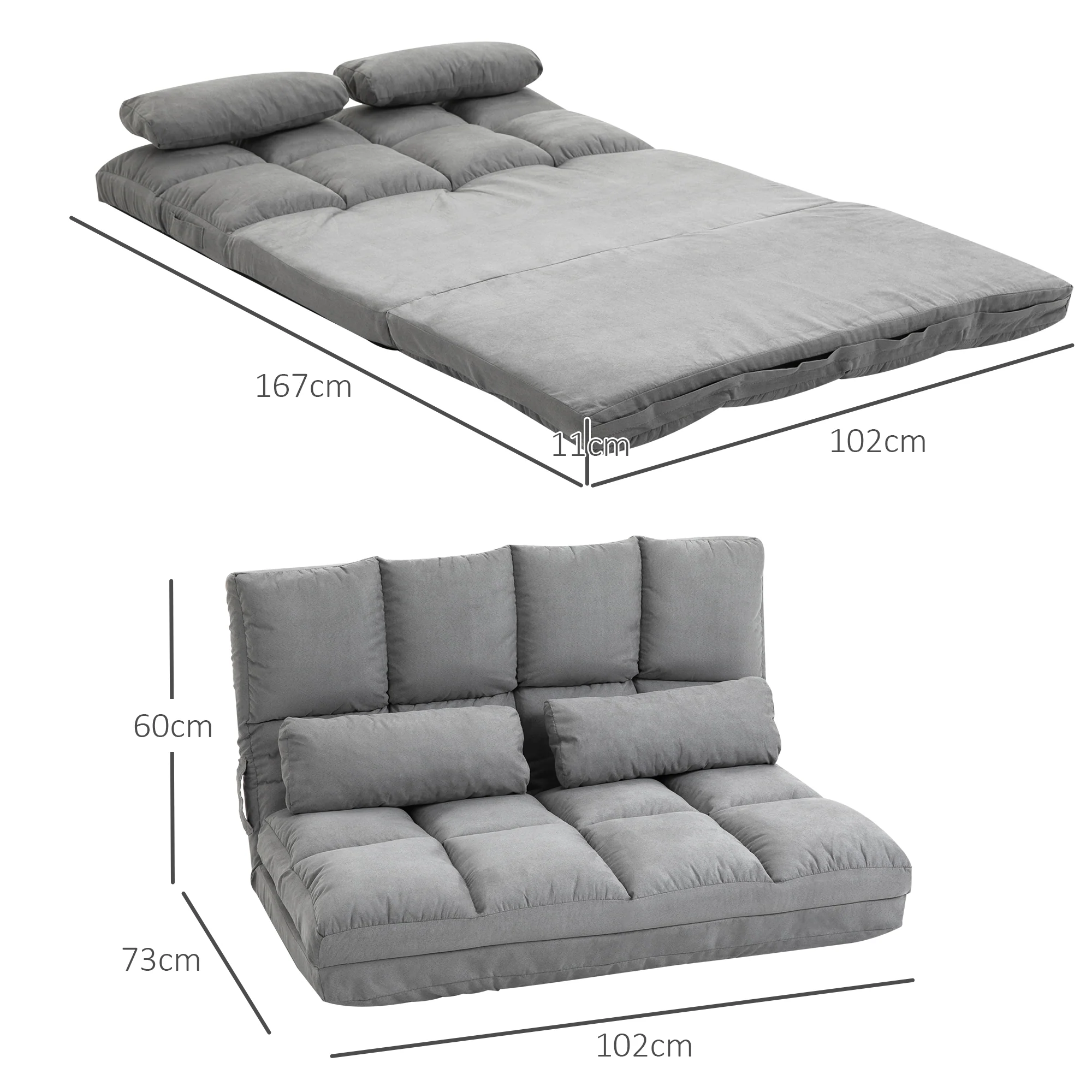 Chauffeuse matelas d'appoint pliant fauteuil convertible inclinaison dossier réglable 2 coussins inclus en polyester aspect suédé, pour salon, chambre et bureau, gris - Image 4