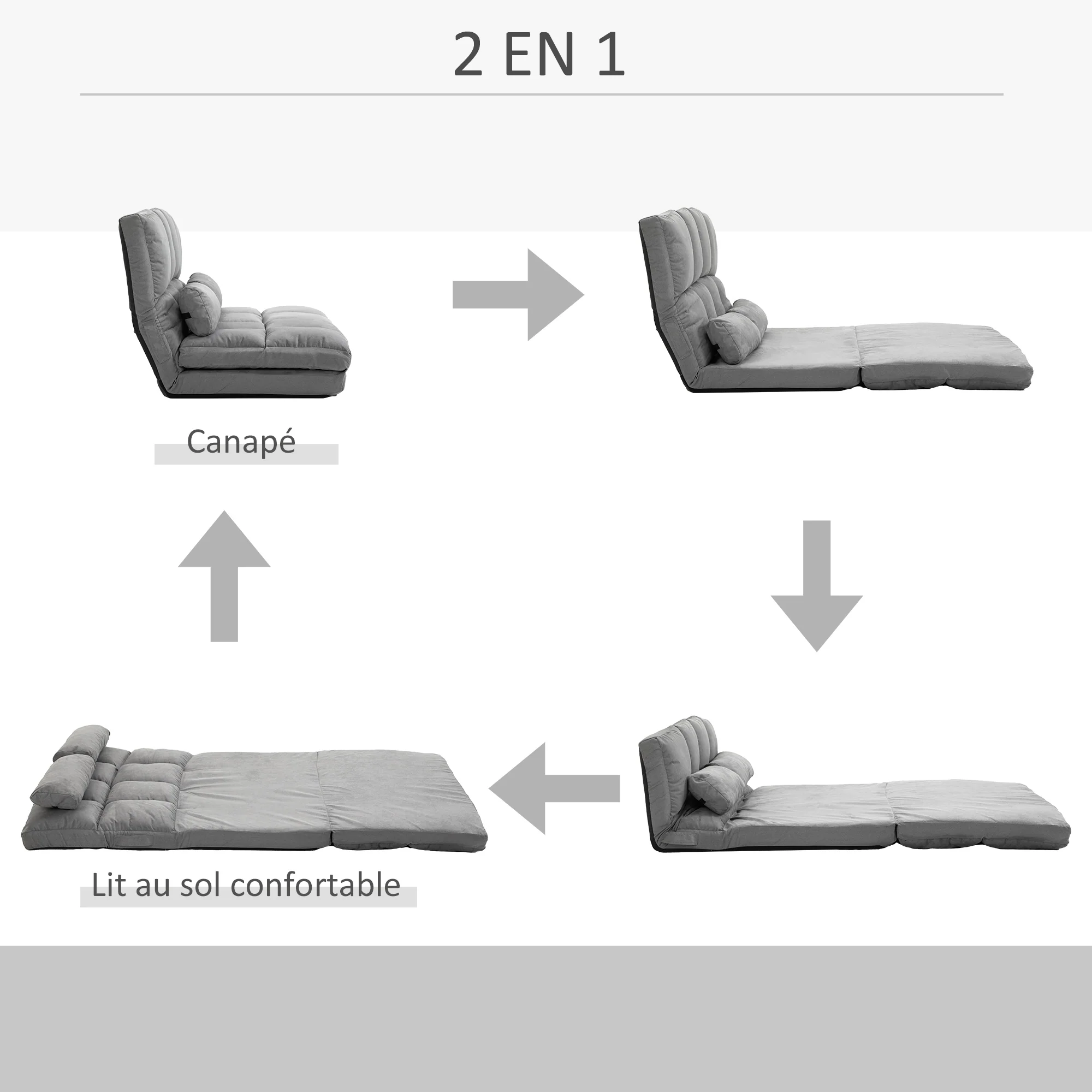 Chauffeuse matelas d'appoint pliant fauteuil convertible inclinaison dossier réglable 2 coussins inclus en polyester aspect suédé, pour salon, chambre et bureau, gris - Image 5