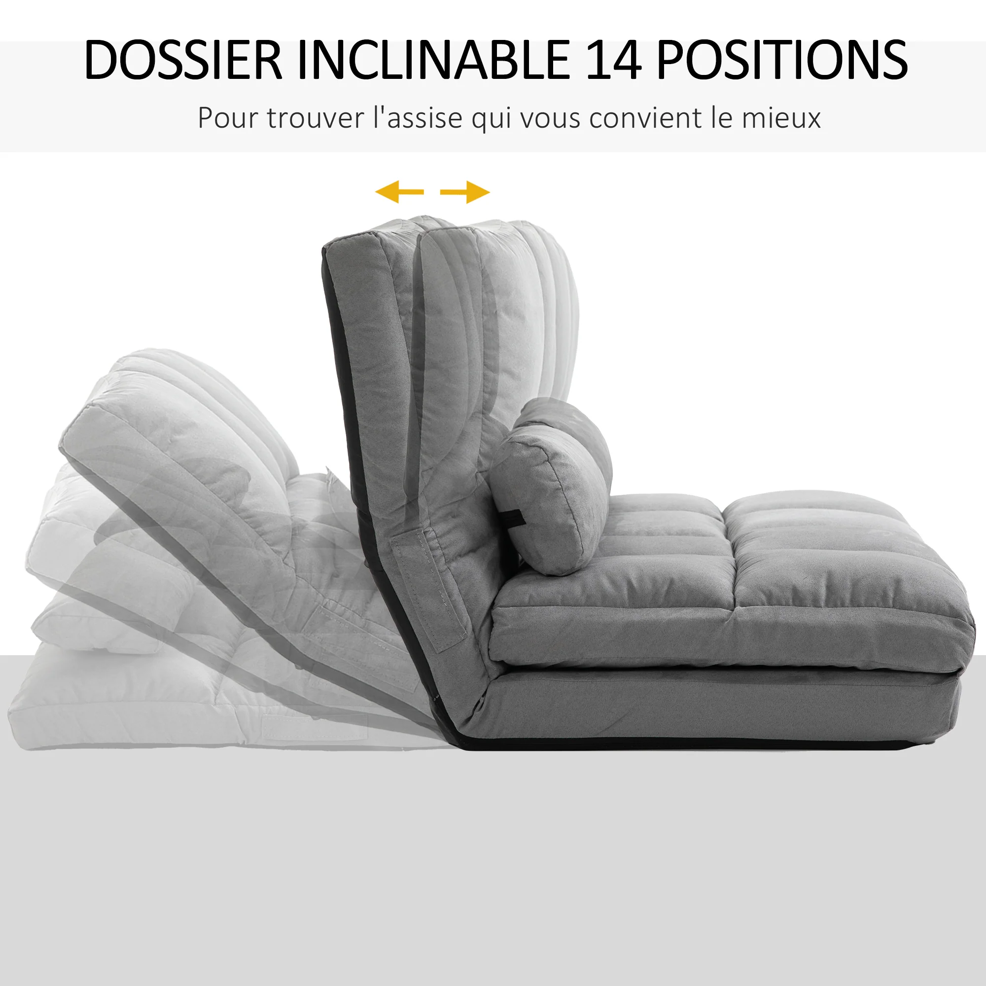 Chauffeuse matelas d'appoint pliant fauteuil convertible inclinaison dossier réglable 2 coussins inclus en polyester aspect suédé, pour salon, chambre et bureau, gris - Image 6
