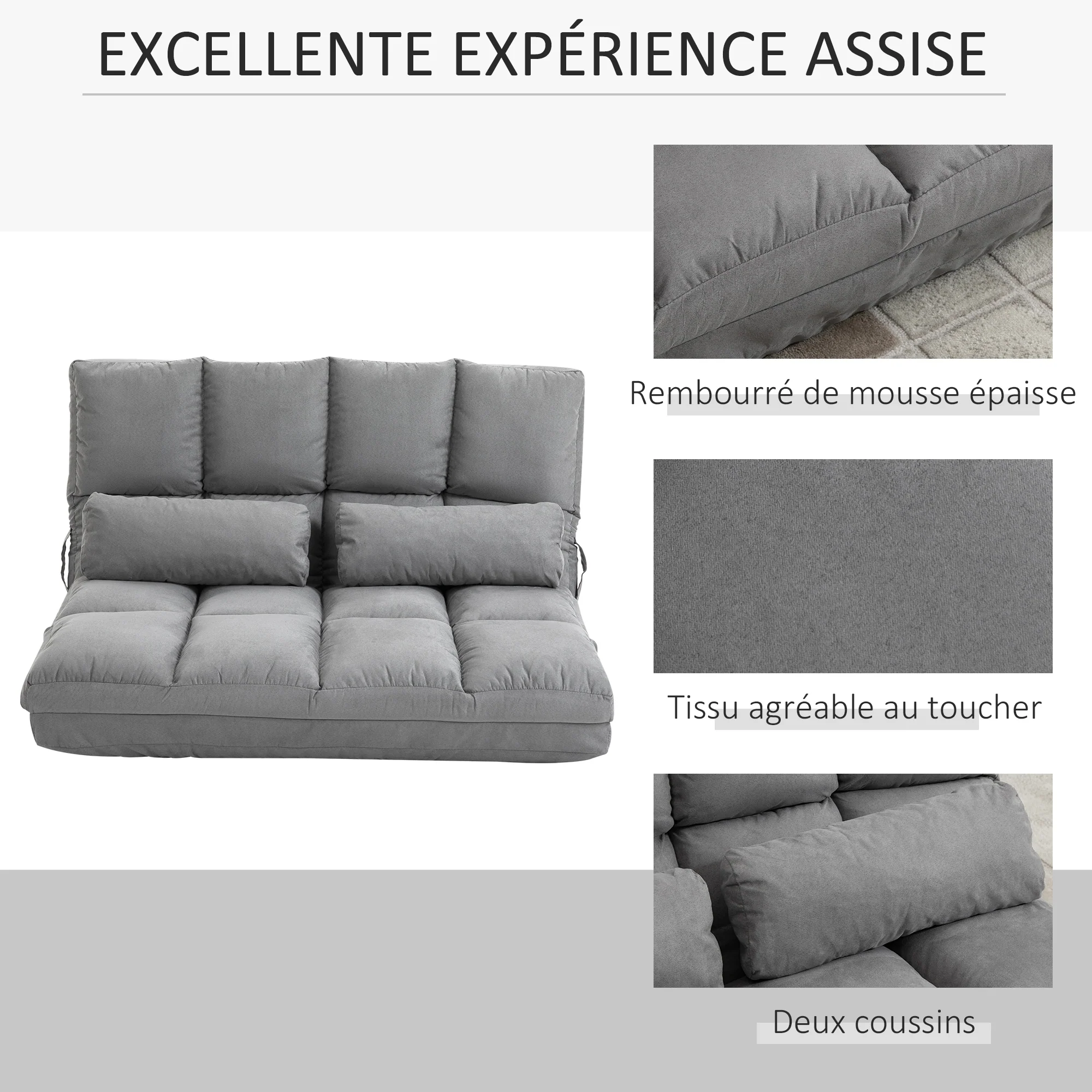 Chauffeuse matelas d'appoint pliant fauteuil convertible inclinaison dossier réglable 2 coussins inclus en polyester aspect suédé, pour salon, chambre et bureau, gris - Image 7