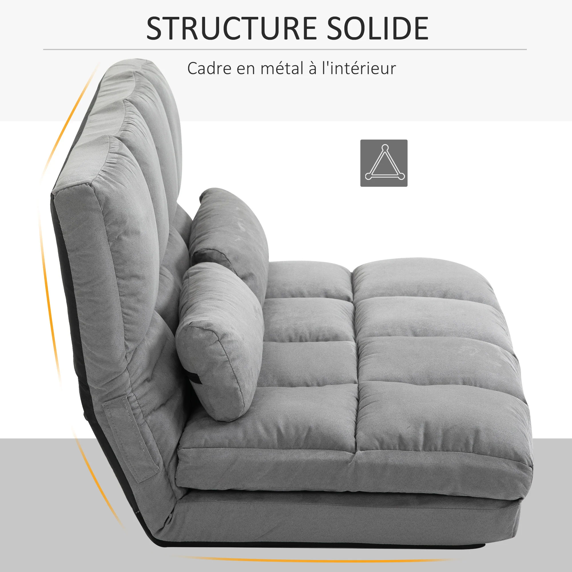 Chauffeuse matelas d'appoint pliant fauteuil convertible inclinaison dossier réglable 2 coussins inclus en polyester aspect suédé, pour salon, chambre et bureau, gris - Image 8