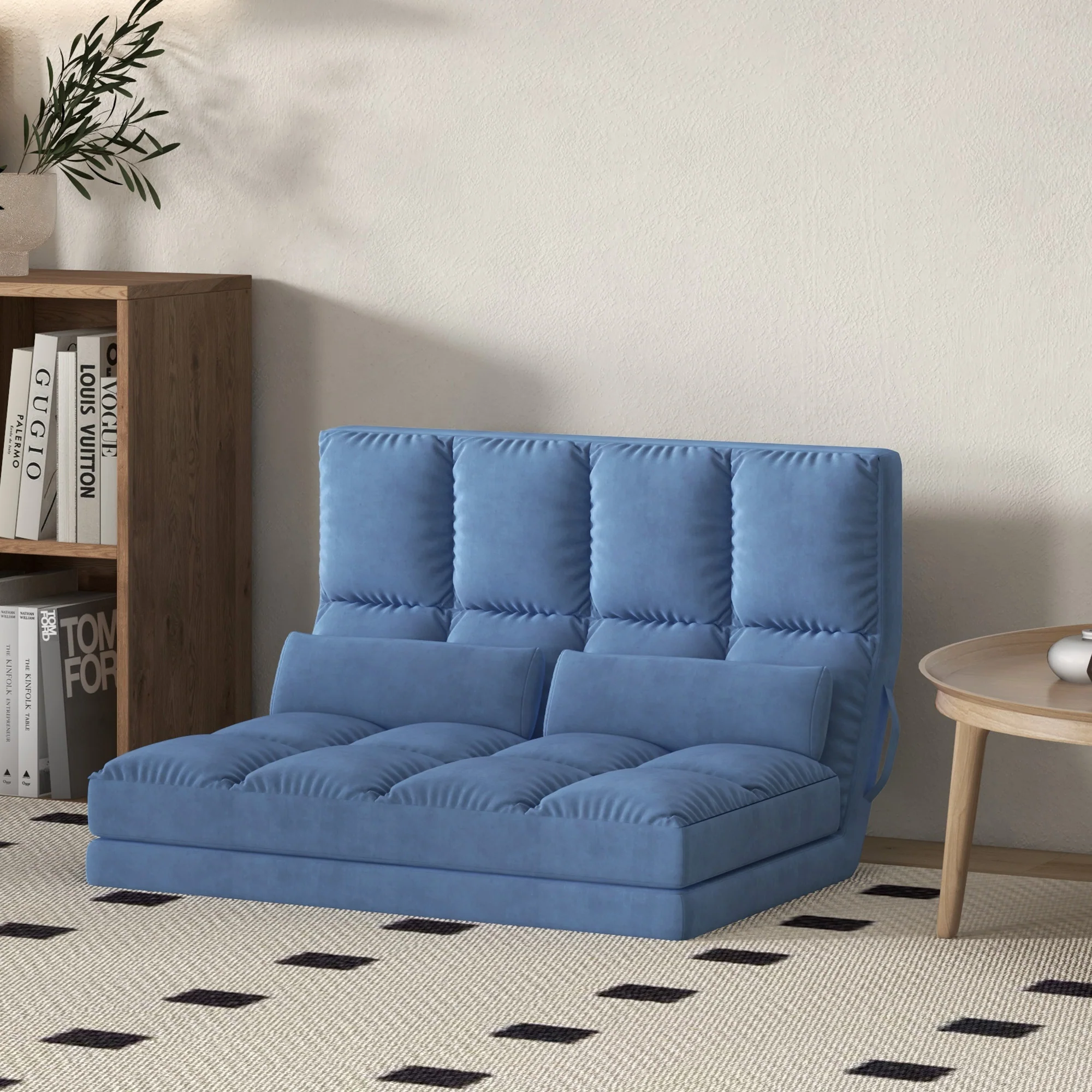 Chauffeuse matelas d'appoint pliant fauteuil convertible inclinaison dossier réglable 2 coussins inclus en polyester aspect suédé, pour salon, chambre et bureau, bleu - Image 3
