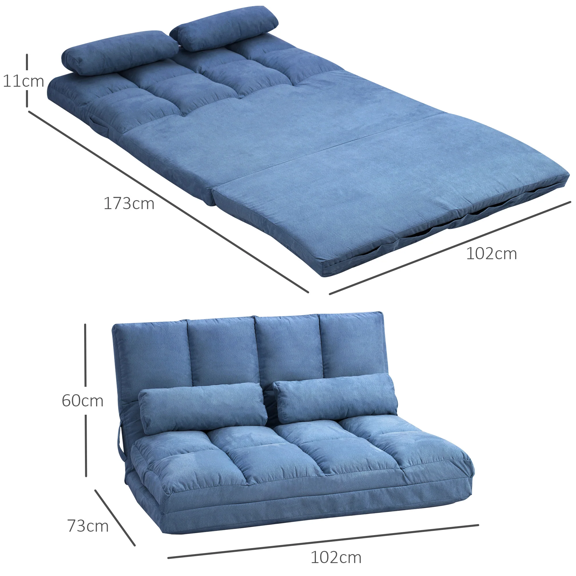 Chauffeuse matelas d'appoint pliant fauteuil convertible inclinaison dossier réglable 2 coussins inclus en polyester aspect suédé, pour salon, chambre et bureau, bleu - Image 4