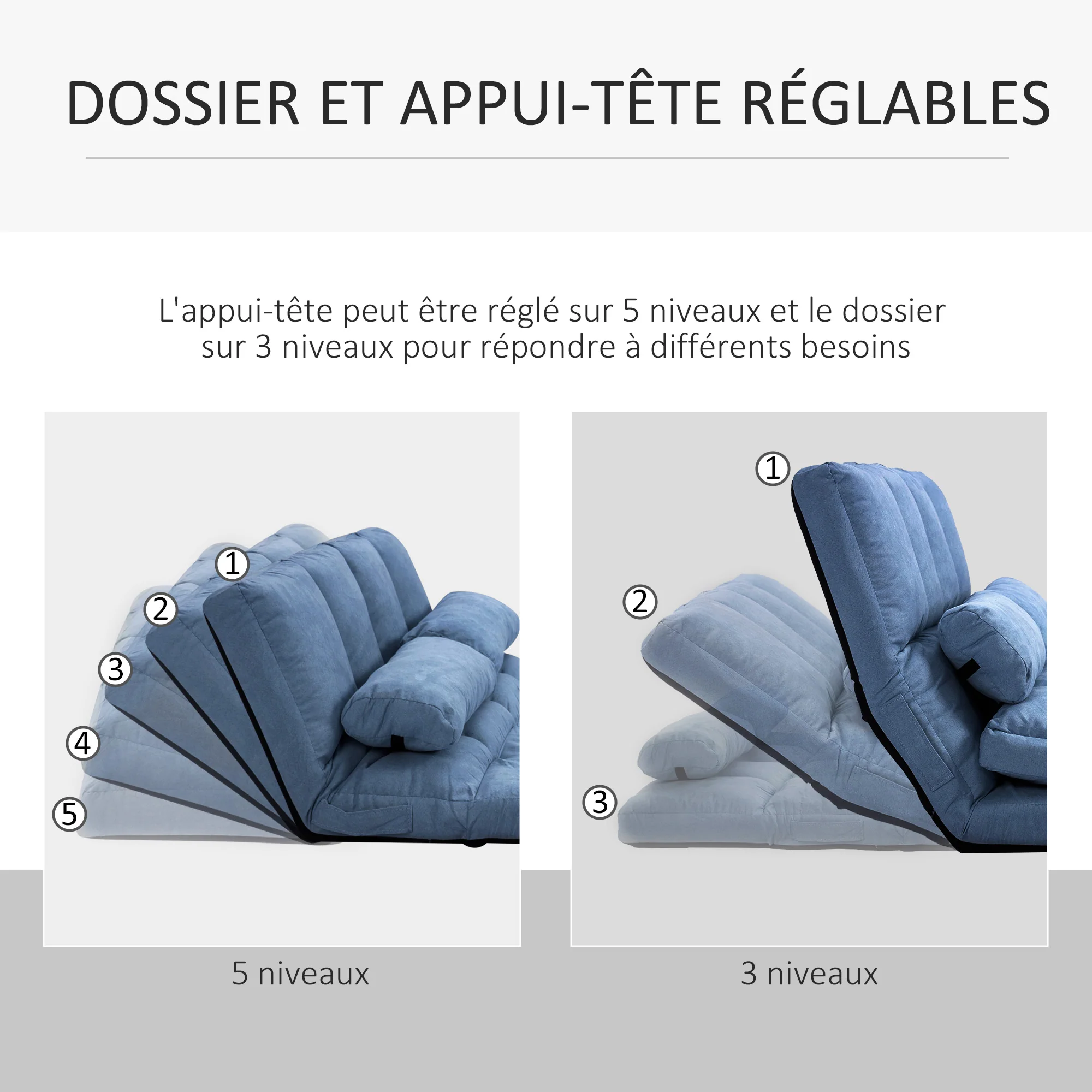 Chauffeuse matelas d'appoint pliant fauteuil convertible inclinaison dossier réglable 2 coussins inclus en polyester aspect suédé, pour salon, chambre et bureau, bleu - Image 5