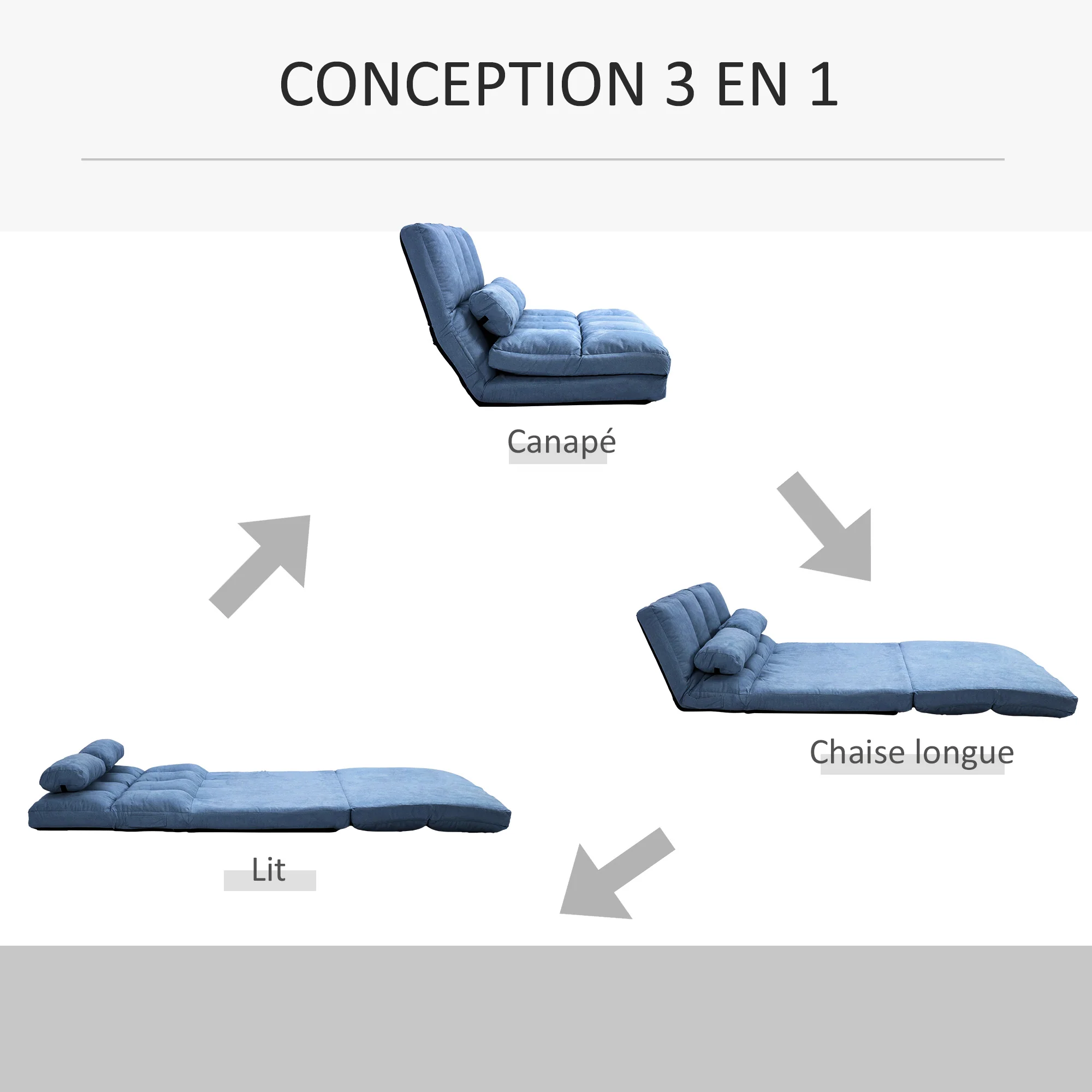 Chauffeuse matelas d'appoint pliant fauteuil convertible inclinaison dossier réglable 2 coussins inclus en polyester aspect suédé, pour salon, chambre et bureau, bleu - Image 6