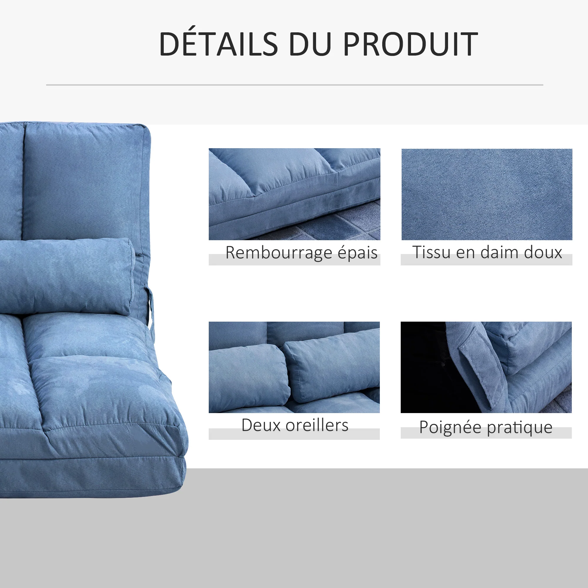 Chauffeuse matelas d'appoint pliant fauteuil convertible inclinaison dossier réglable 2 coussins inclus en polyester aspect suédé, pour salon, chambre et bureau, bleu - Image 7