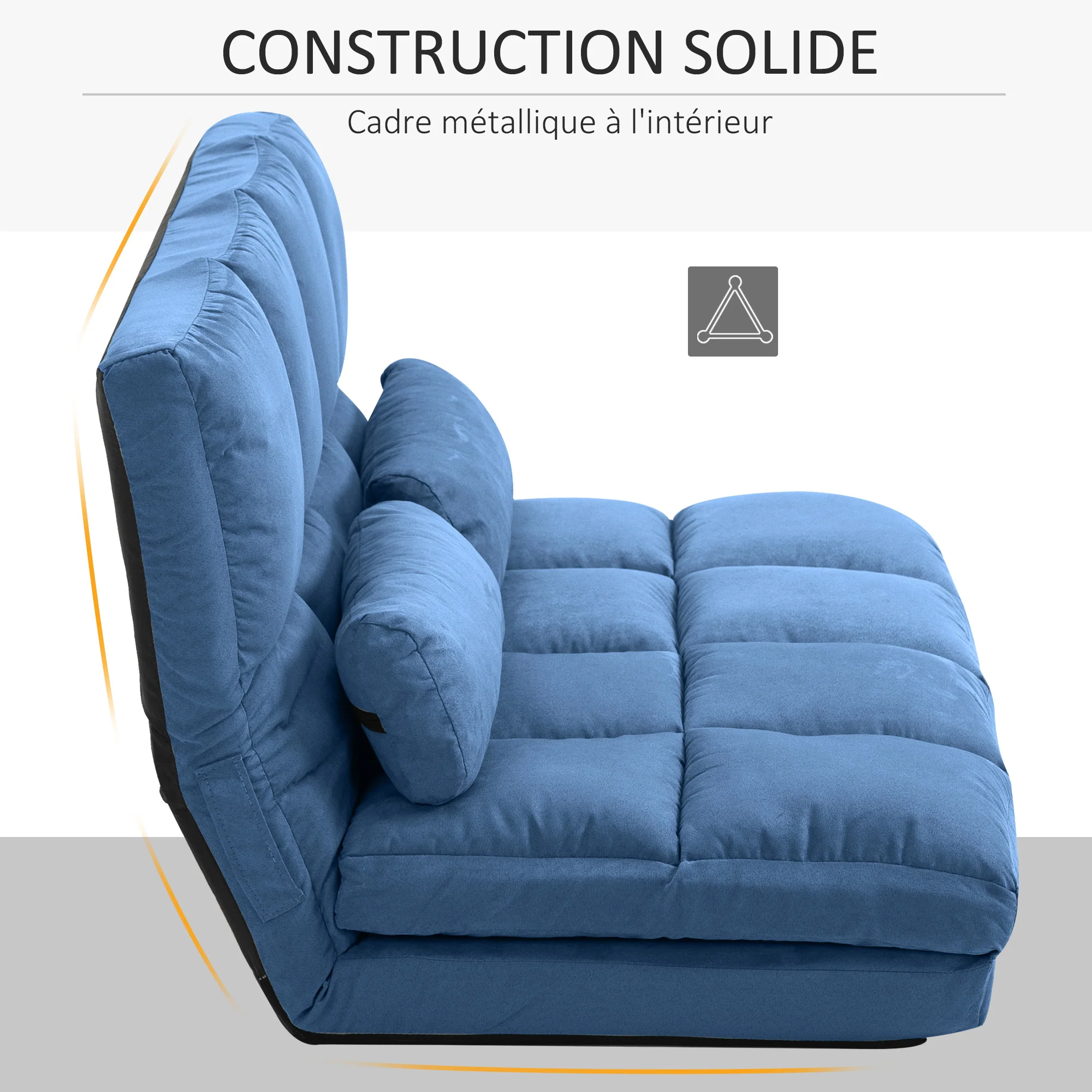 Chauffeuse matelas d'appoint pliant fauteuil convertible inclinaison dossier réglable 2 coussins inclus en polyester aspect suédé, pour salon, chambre et bureau, bleu - Image 8