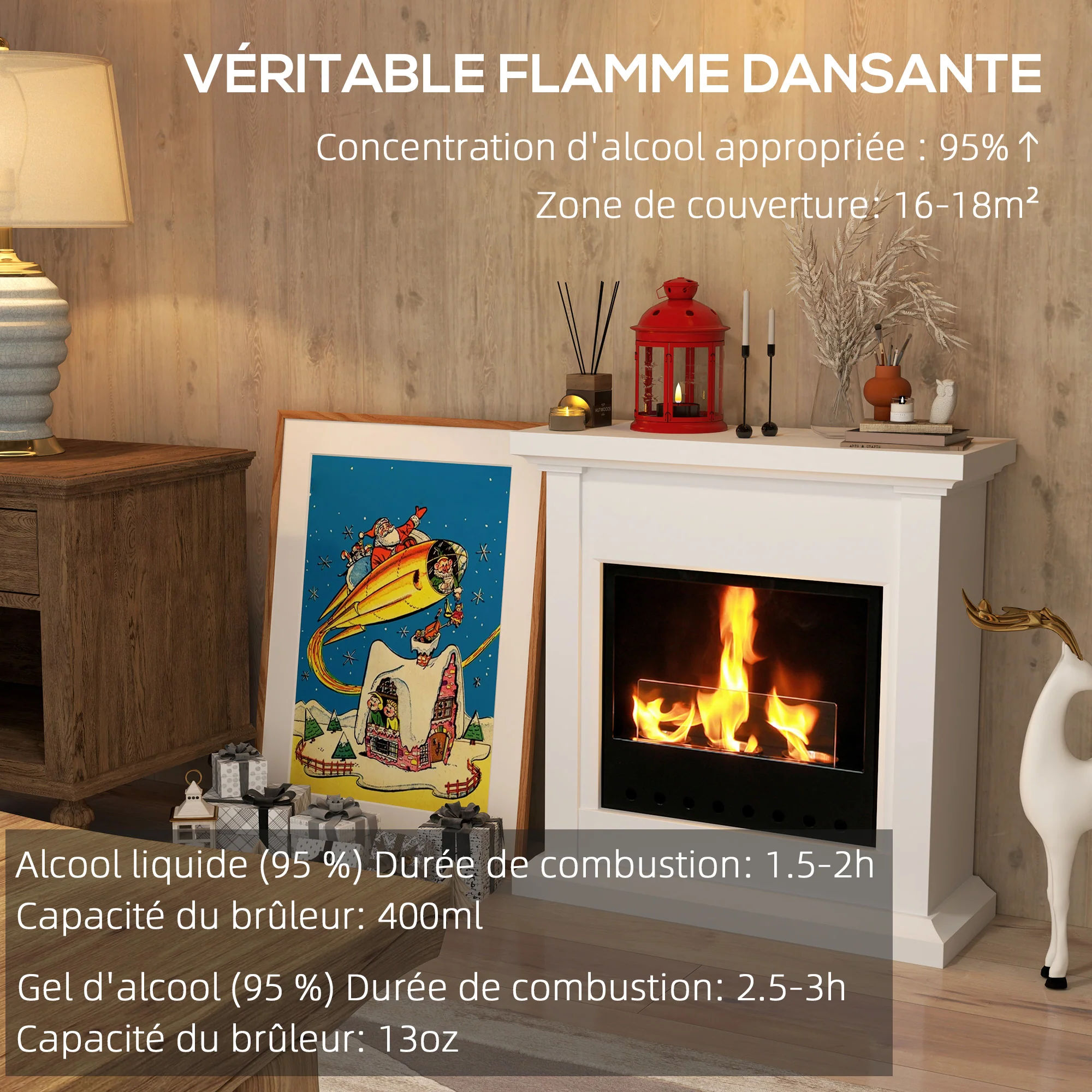 Cheminée au bioéthanol, cheminée éthanol, br?leur 400 ml, durée de combustion de 3 heures, avec verre de protection, poêle bio à poser au sol, couverture 16-18 m2, blanc - Image 5