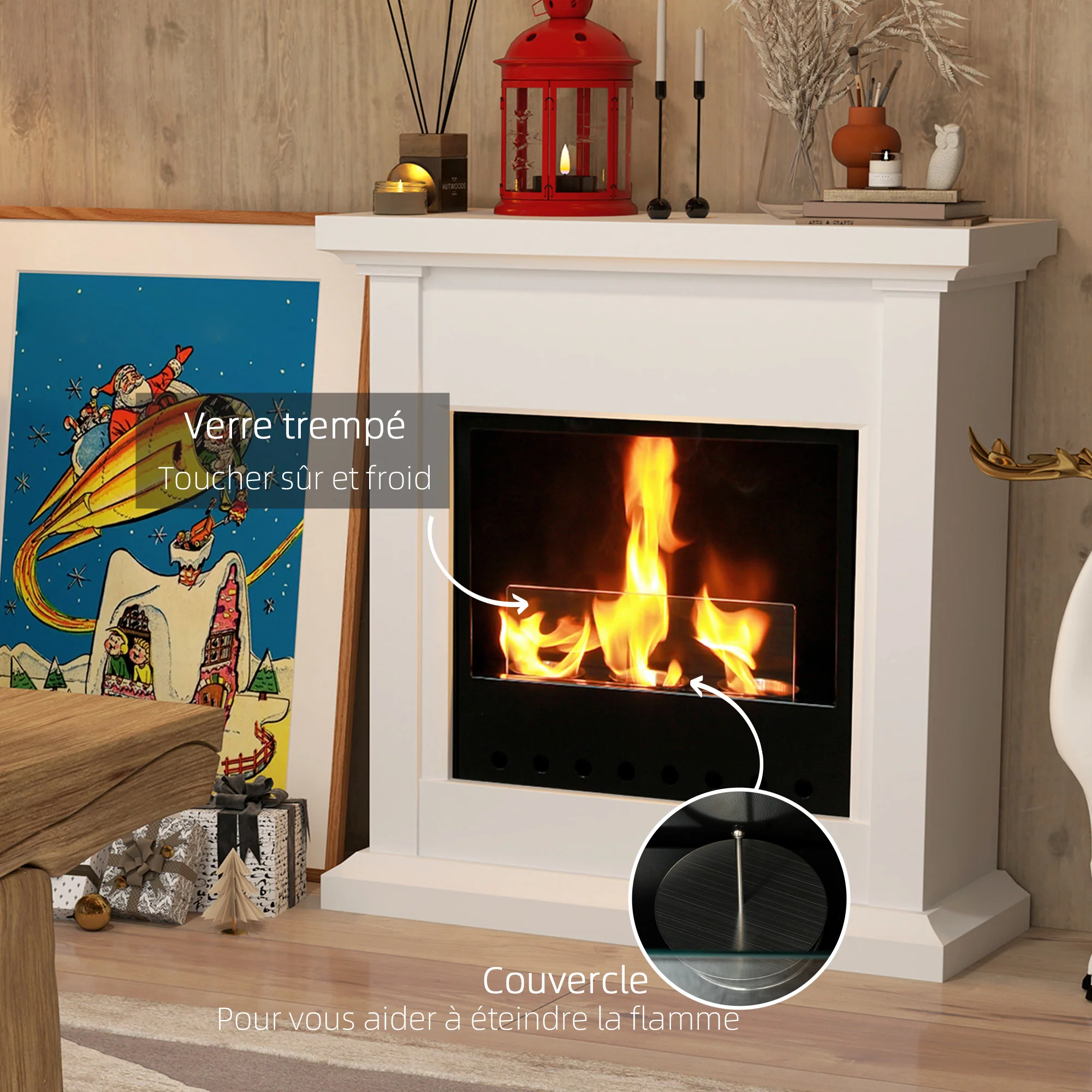 Cheminée au bioéthanol, cheminée éthanol, br?leur 400 ml, durée de combustion de 3 heures, avec verre de protection, poêle bio à poser au sol, couverture 16-18 m2, blanc - Image 7