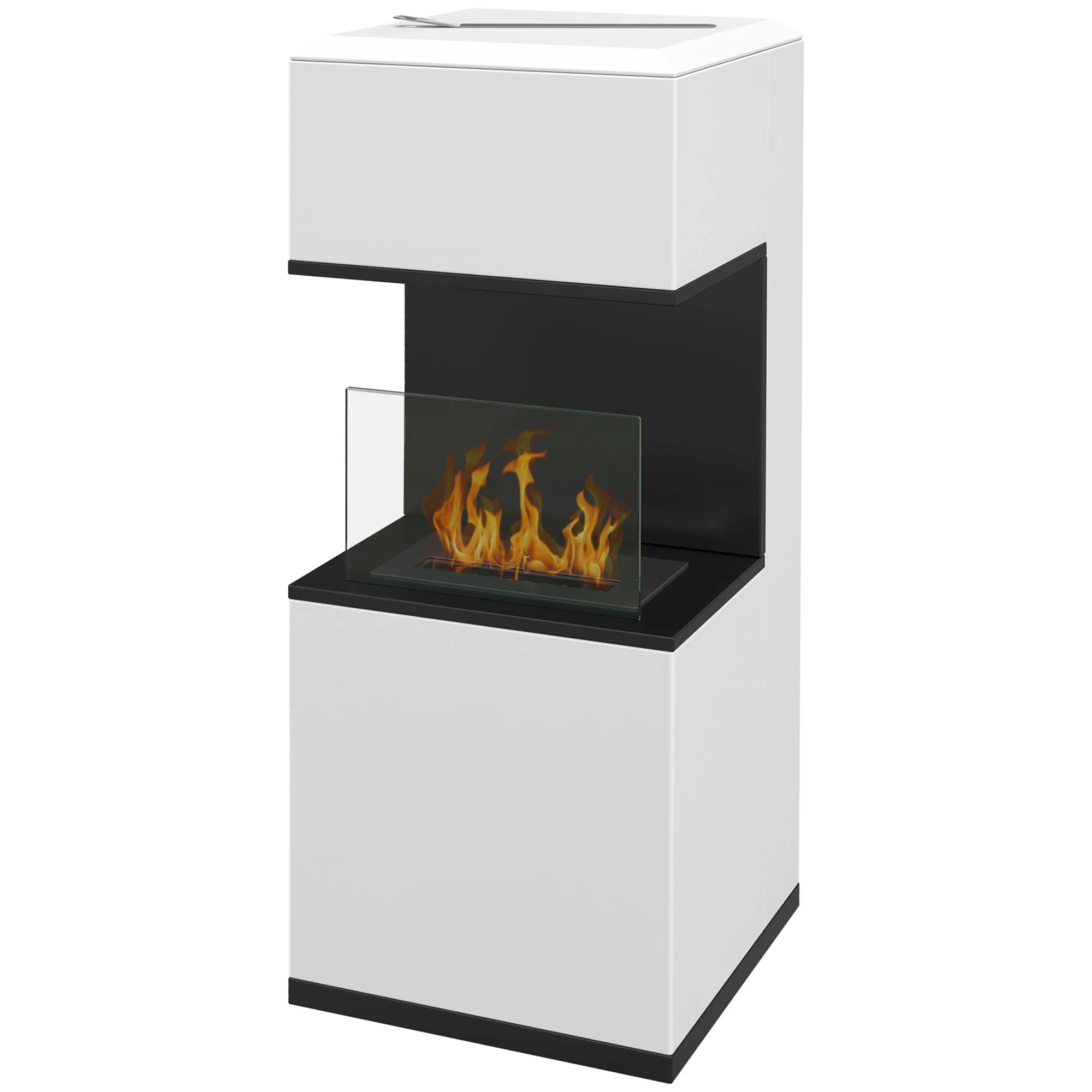 Cheminée au bioéthanol sur pieds avec br?leur 1,2L, environ 3H de durée de combustion couverture 20 à 25 m2 en acier 38L x 38l x 100H cm, blanc