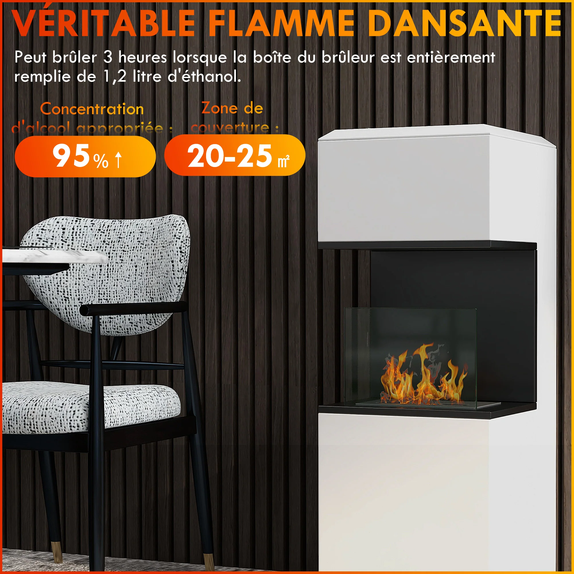 Cheminée au bioéthanol sur pieds avec br?leur 1,2L, environ 3H de durée de combustion couverture 20 à 25 m2 en acier 38L x 38l x 100H cm, blanc - Image 5