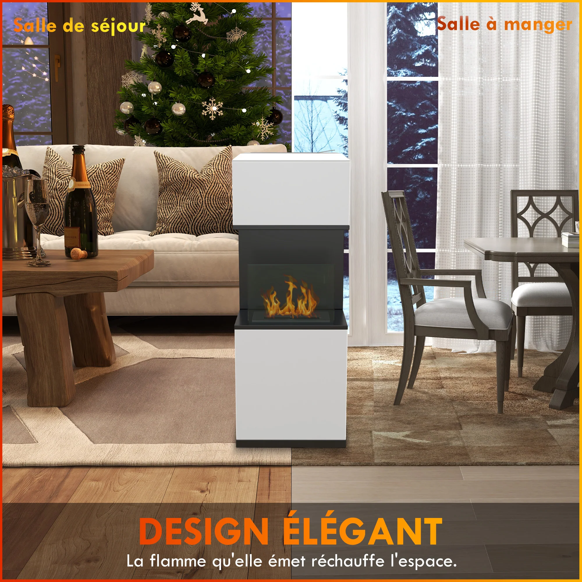 Cheminée au bioéthanol sur pieds avec br?leur 1,2L, environ 3H de durée de combustion couverture 20 à 25 m2 en acier 38L x 38l x 100H cm, blanc - Image 8