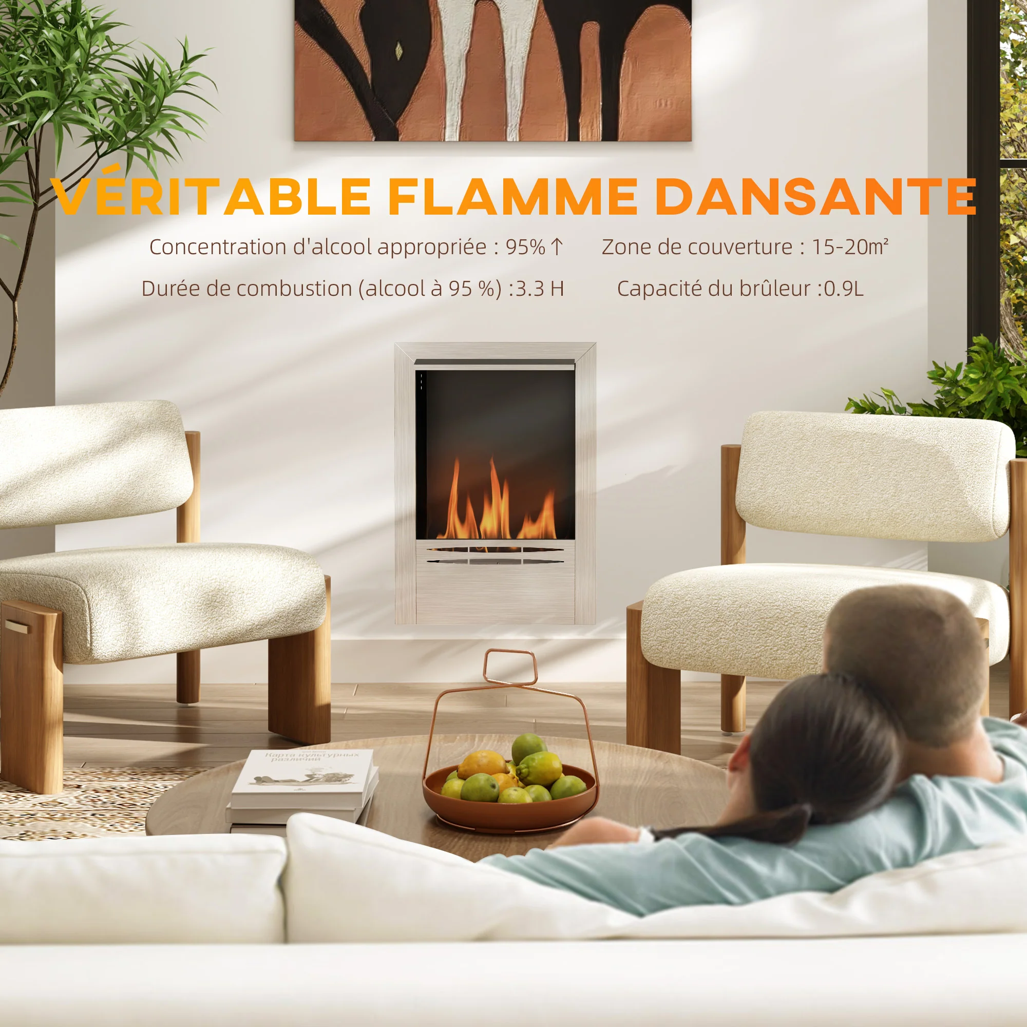 Cheminée bioéthanol encastrable, cheminée à l'éthanol avec volume de 0,9 litre, environ 3,3 h durée de combustion, poêle bioéthanol en acier inoxydable et verre trempé, 48 x 18 x 59 cm, argent - Image 5