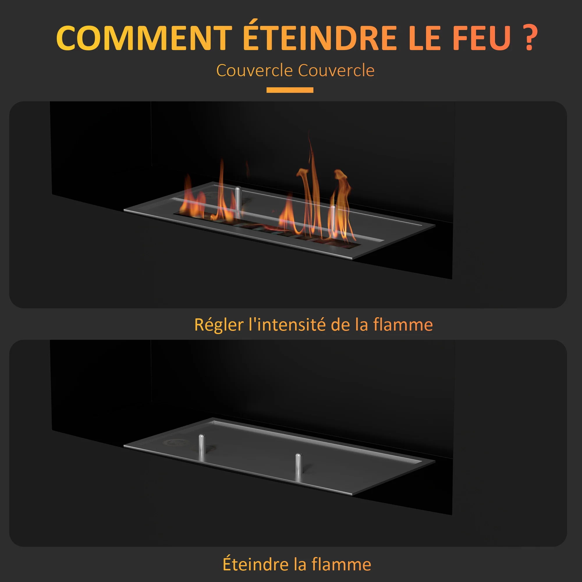 Cheminée bioéthanol encastrable, cheminée à l'éthanol avec volume de 0,9 litre, environ 3,3 h durée de combustion, poêle bioéthanol en acier inoxydable, 66 x 16 x 52 cm, noir - Image 6
