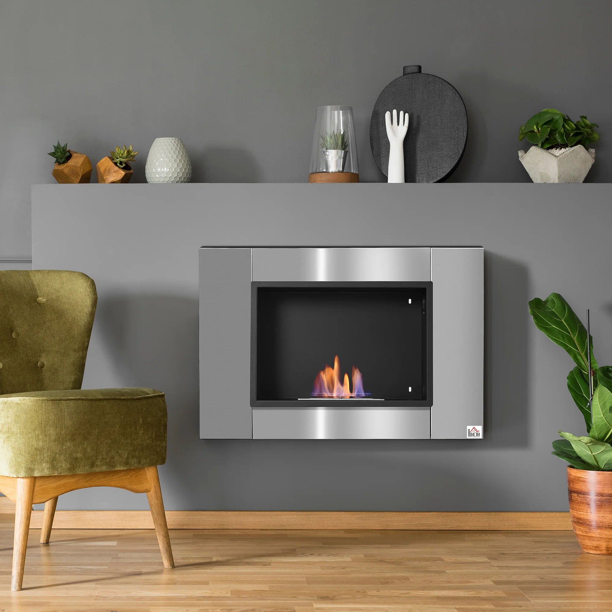 Cheminée bioéthanol Murale encastrable brûleur 0,9 L, environ 3 h de durée de combustion 80L x 14l x 54H cm Couverture 25-30 m² Acier inox - Image 3