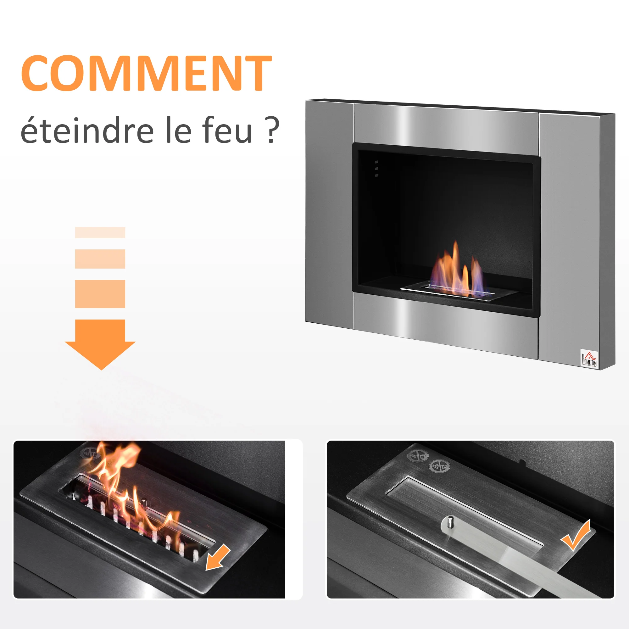 Cheminée bioéthanol Murale encastrable brûleur 0,9 L, environ 3 h de durée de combustion 80L x 14l x 54H cm Couverture 25-30 m² Acier inox - Image 5