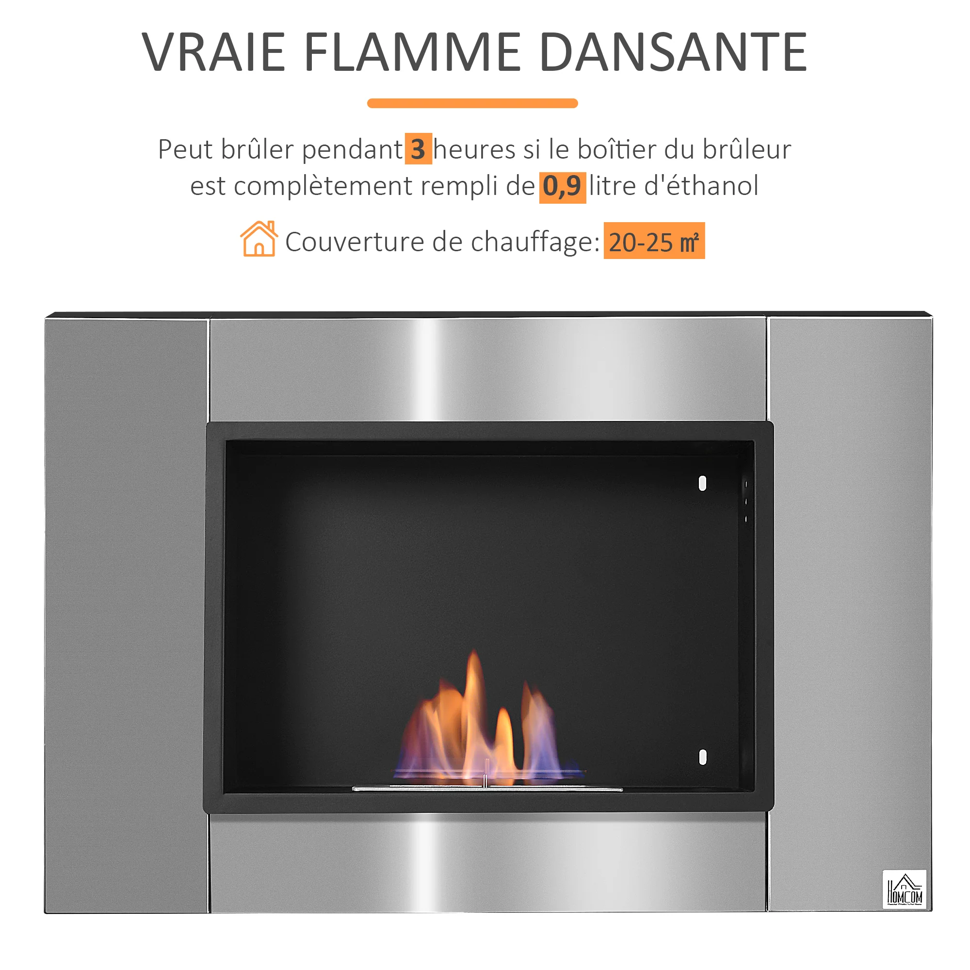 Cheminée bioéthanol Murale encastrable brûleur 0,9 L, environ 3 h de durée de combustion 80L x 14l x 54H cm Couverture 25-30 m² Acier inox - Image 6