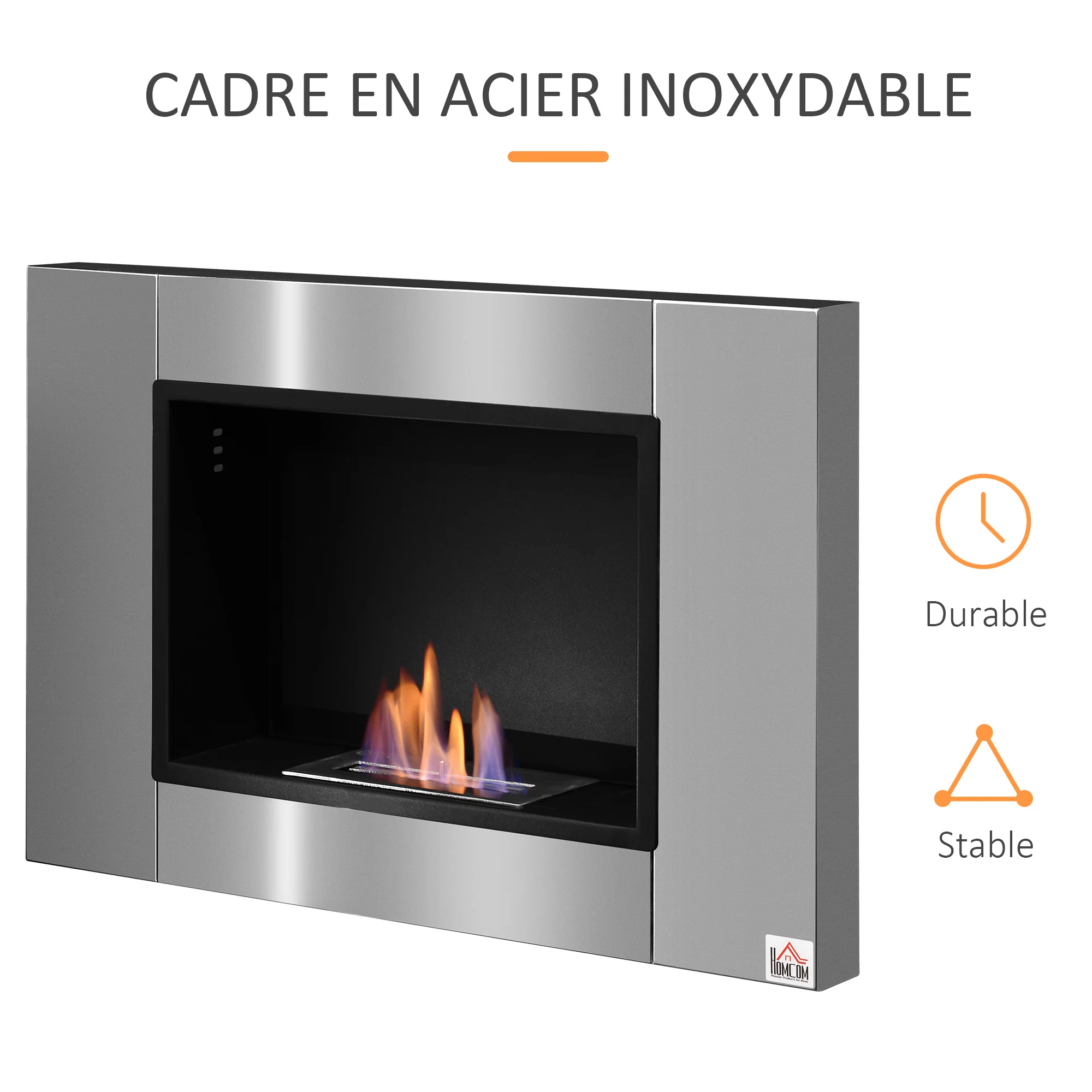Cheminée bioéthanol Murale encastrable brûleur 0,9 L, environ 3 h de durée de combustion 80L x 14l x 54H cm Couverture 25-30 m² Acier inox - Image 7