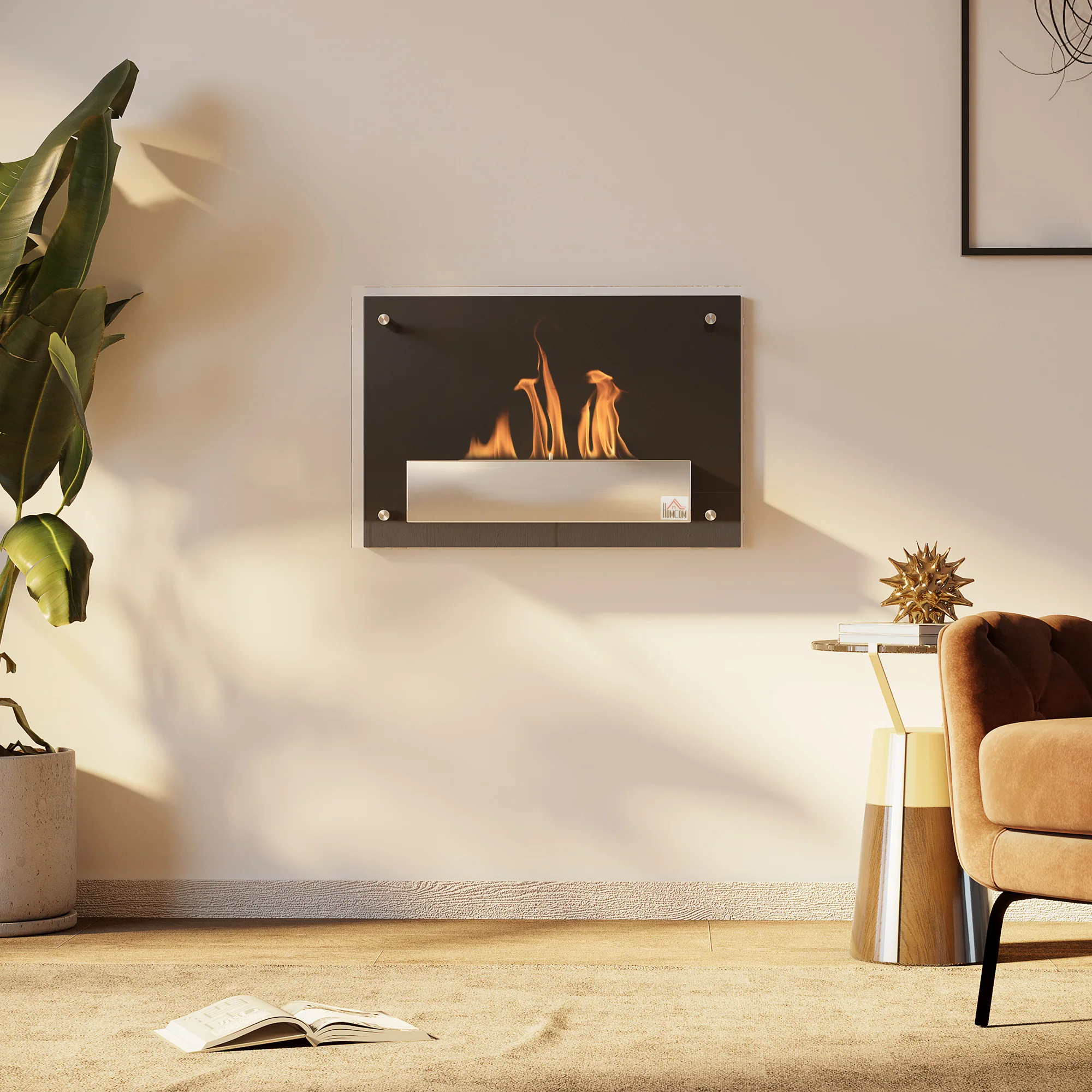 Cheminée bioéthanol Murale encastrable brûleur 1.5 L, environ 3 h de durée de combustion dim. 60L x 22l x 40H cm Couverture 20-25 m² Acier inox - Image 3