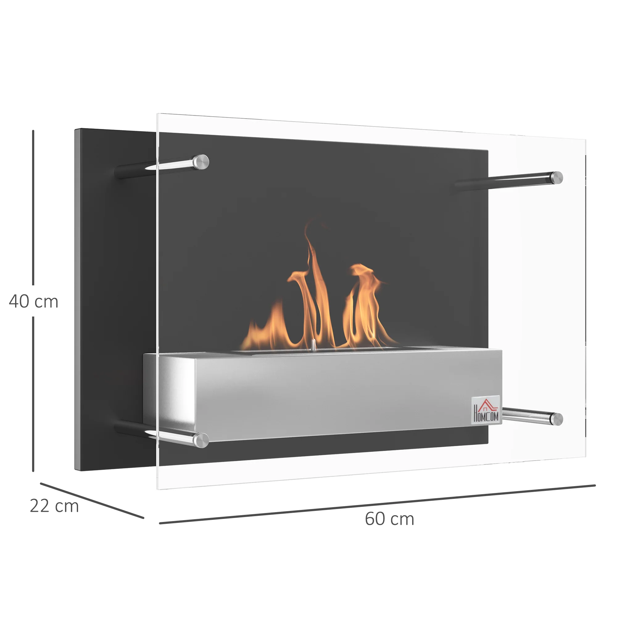 Cheminée bioéthanol Murale encastrable brûleur 1.5 L, environ 3 h de durée de combustion dim. 60L x 22l x 40H cm Couverture 20-25 m² Acier inox - Image 4