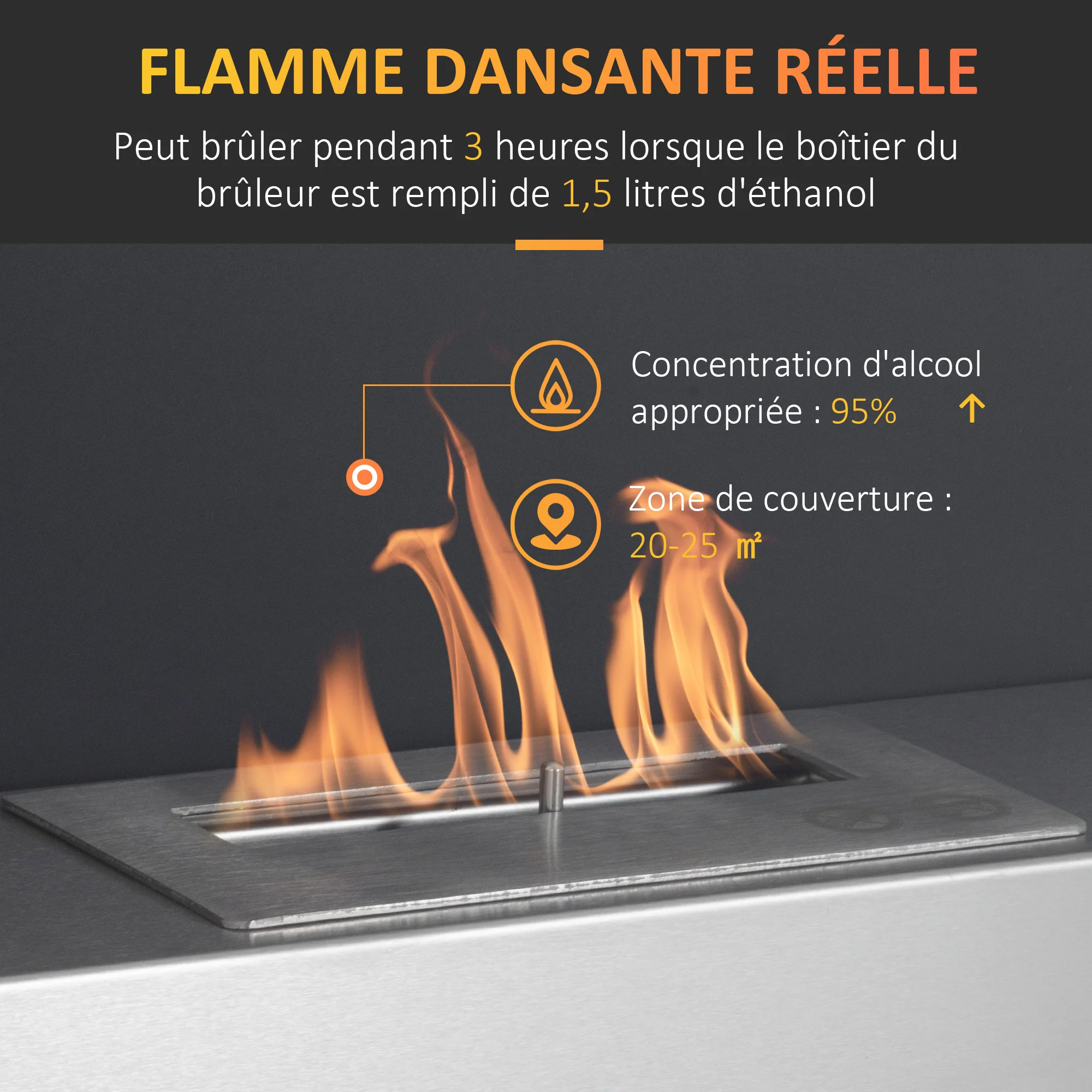 Cheminée bioéthanol Murale encastrable brûleur 1.5 L, environ 3 h de durée de combustion dim. 60L x 22l x 40H cm Couverture 20-25 m² Acier inox - Image 5