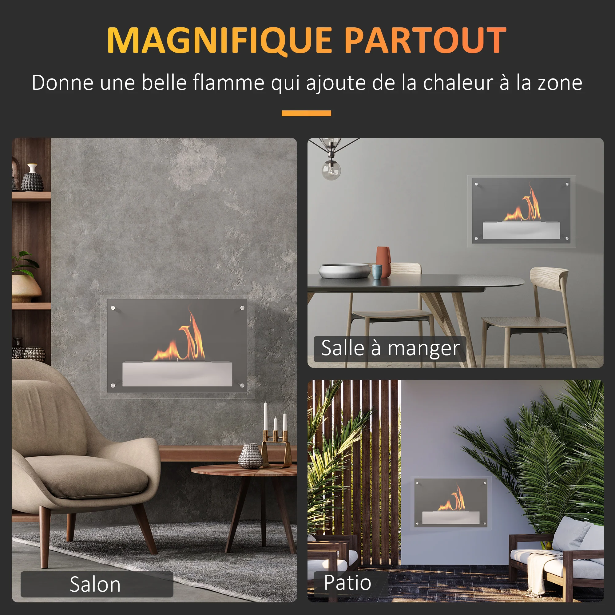 Cheminée bioéthanol Murale encastrable brûleur 1.5 L, environ 3 h de durée de combustion dim. 60L x 22l x 40H cm Couverture 20-25 m² Acier inox - Image 7
