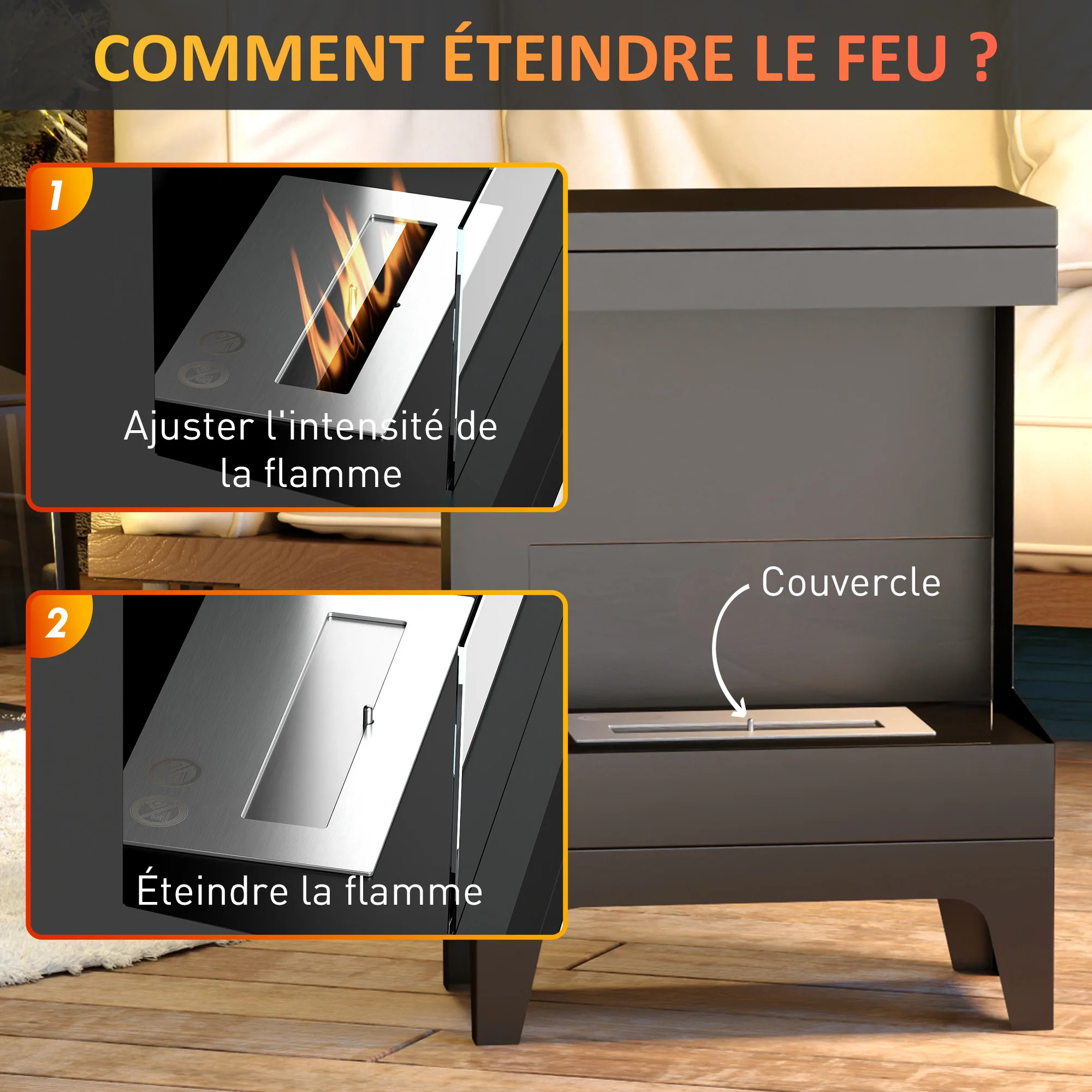 Cheminée bioéthanol sur pieds, avec réservoir 0,9 L, environ 3,3 h de durée de combustion, couverture 20 m2, 38 x 22 x 54 cm, noir - Image 6