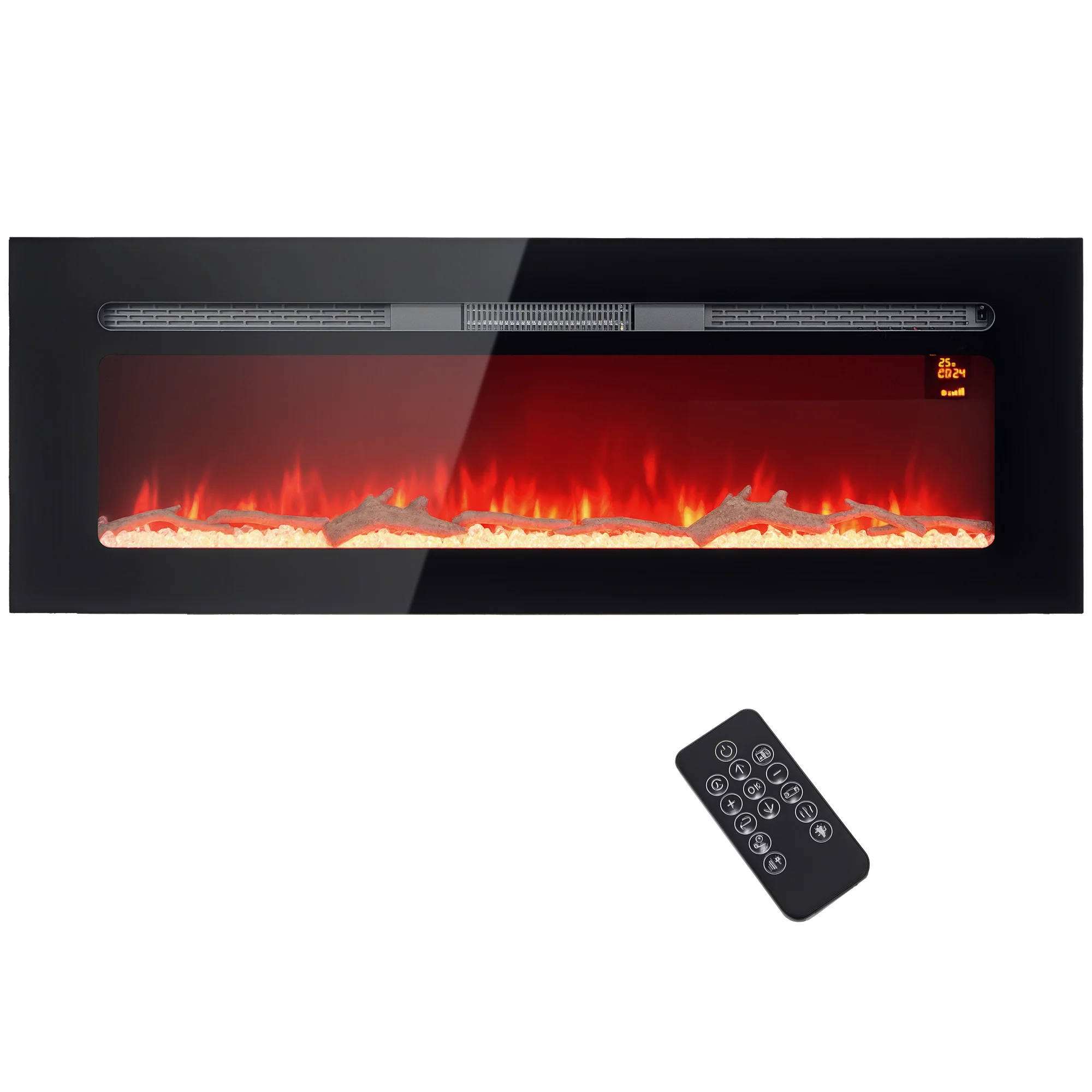 Cheminée électrique 1800 W mural ou encastrable fausse cheminée avec effet flamme en LED 3 couleurs 5 luminosités, bûche et cristal, minuterie, température 15-40℃, télécommande, 127L cm, noir - Image 11