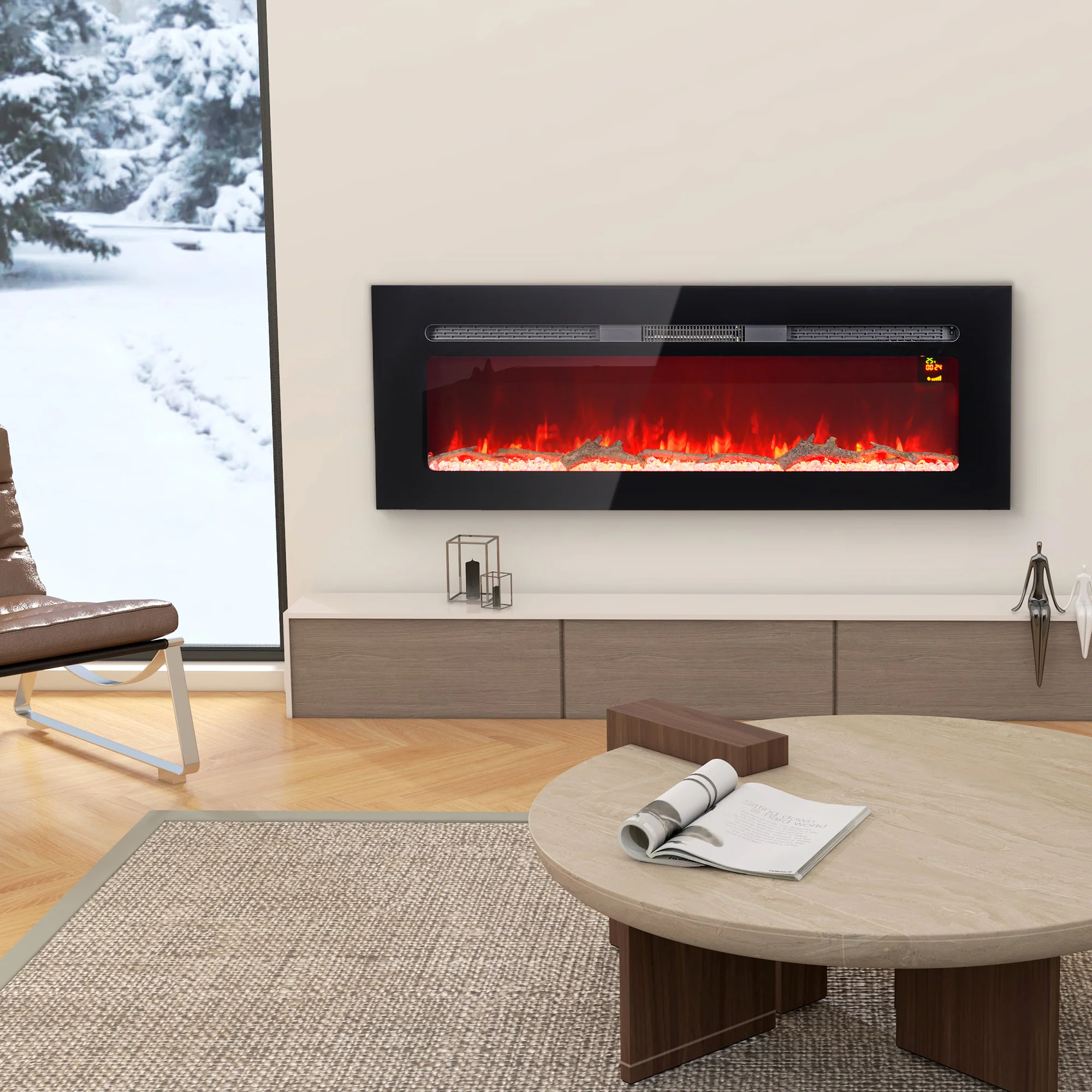 Cheminée électrique 1800 W mural ou encastrable fausse cheminée avec effet flamme en LED 3 couleurs 5 luminosités, bûche et cristal, minuterie, température 15-40℃, télécommande, 127L cm, noir - Image 3