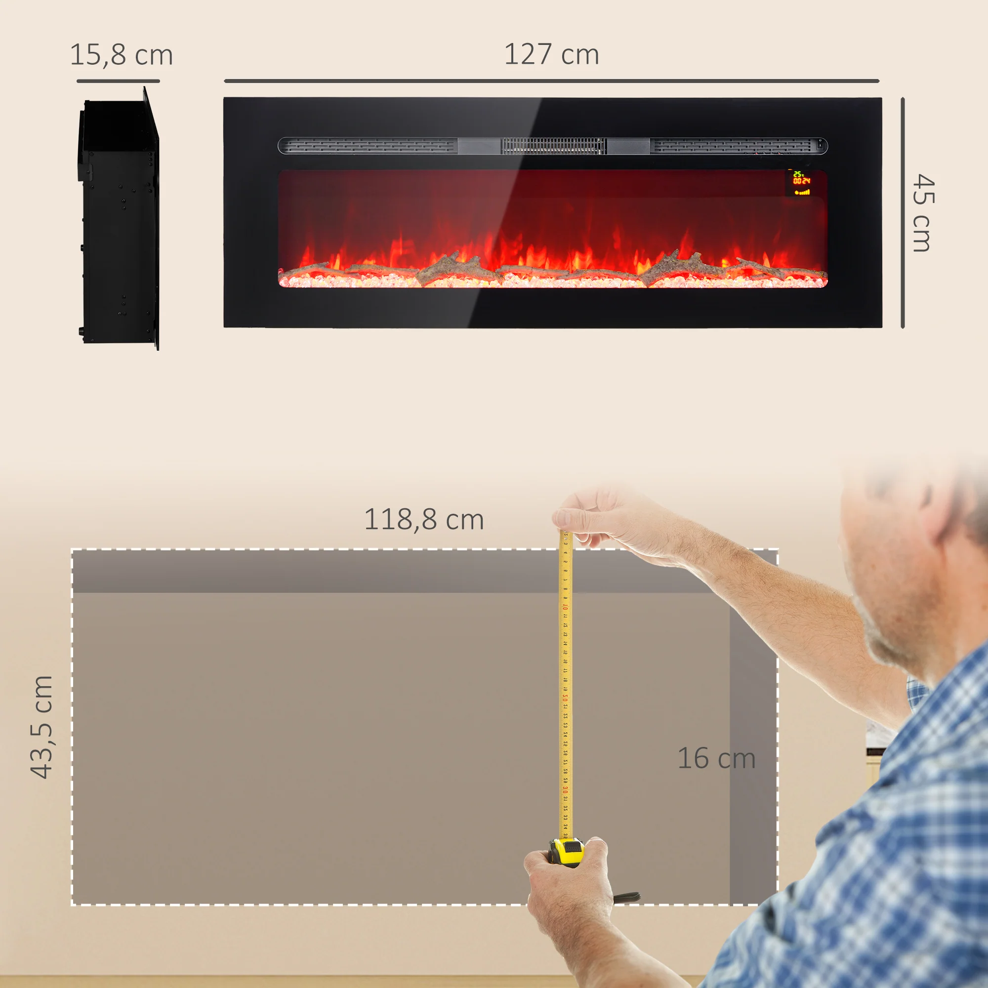 Cheminée électrique 1800 W mural ou encastrable fausse cheminée avec effet flamme en LED 3 couleurs 5 luminosités, bûche et cristal, minuterie, température 15-40℃, télécommande, 127L cm, noir - Image 4