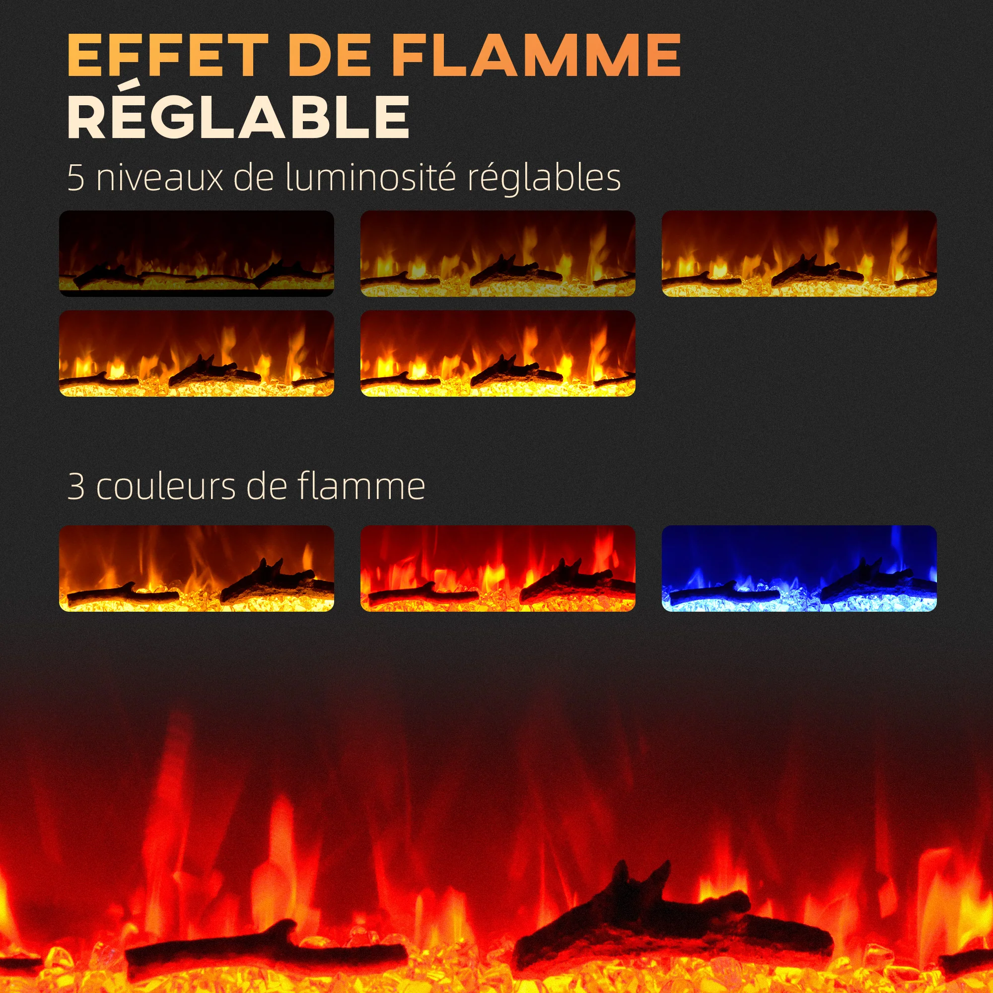Cheminée électrique 1800 W mural ou encastrable fausse cheminée avec effet flamme en LED 3 couleurs 5 luminosités, bûche et cristal, minuterie, température 15-40℃, télécommande, 127L cm, noir - Image 5